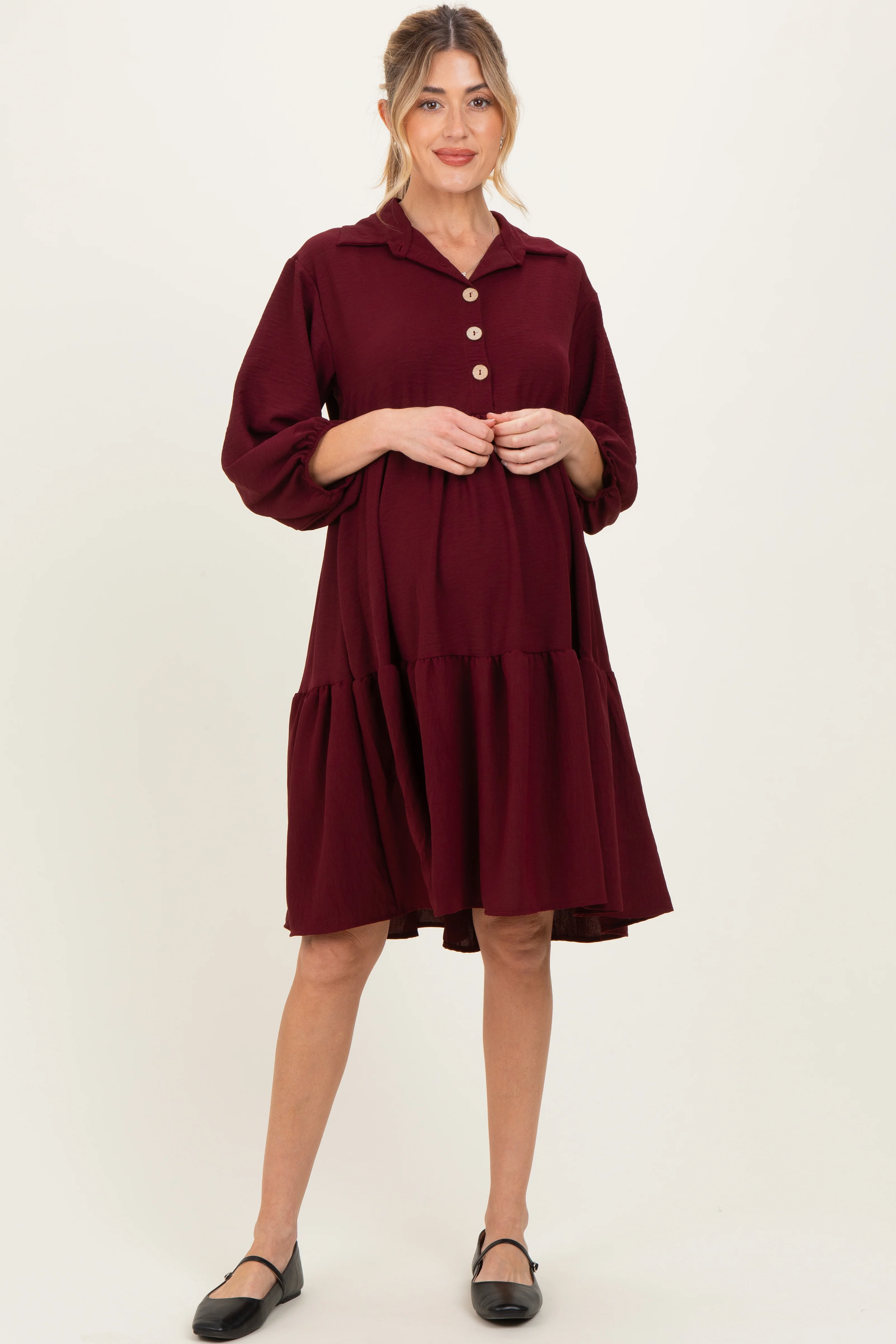 Image of Burgundy Long Sleeve Button Down Collared Tiered Maternity Dress