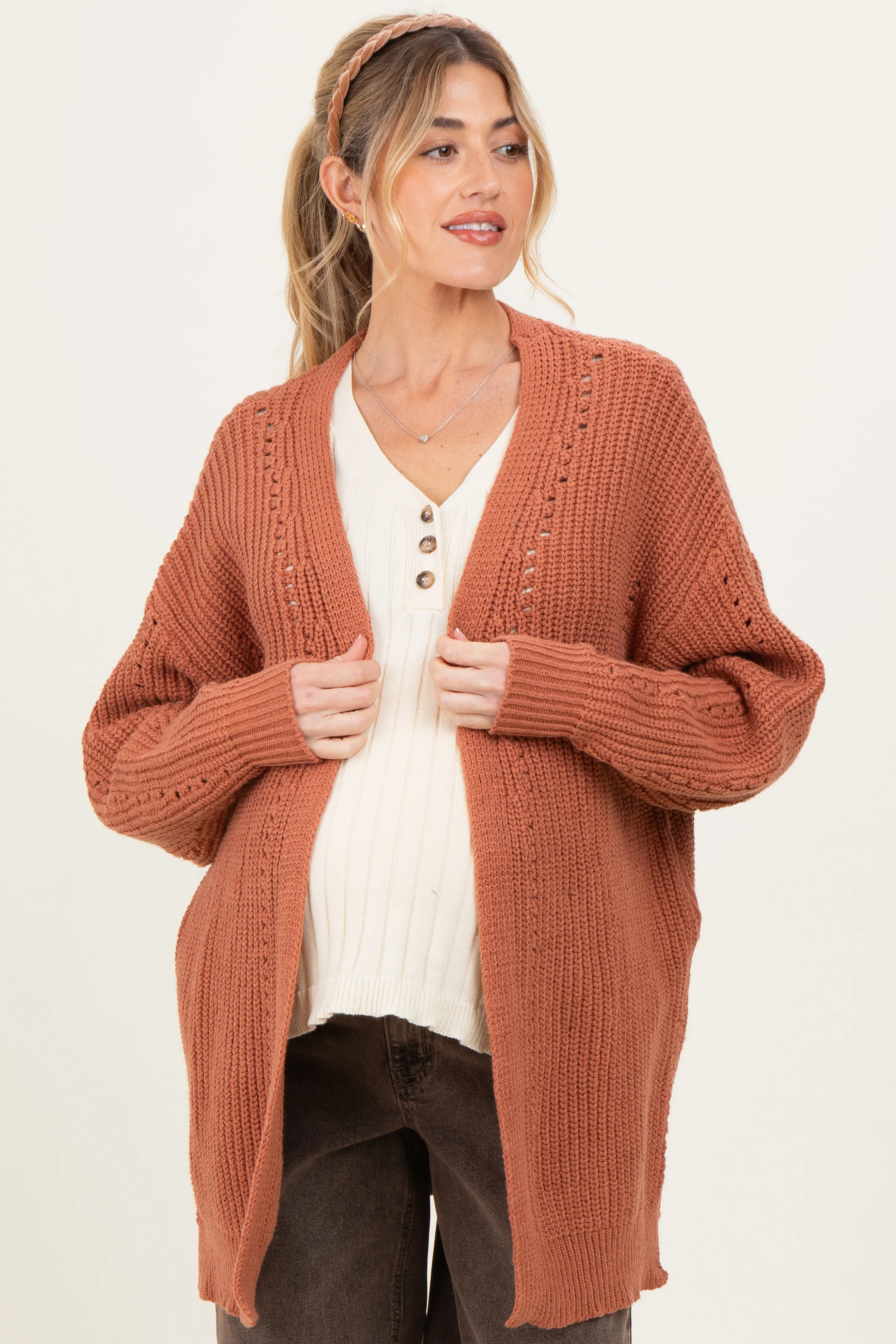 Image of Camel Solid Long Sleeve Open Cable Maternity Cardigan
