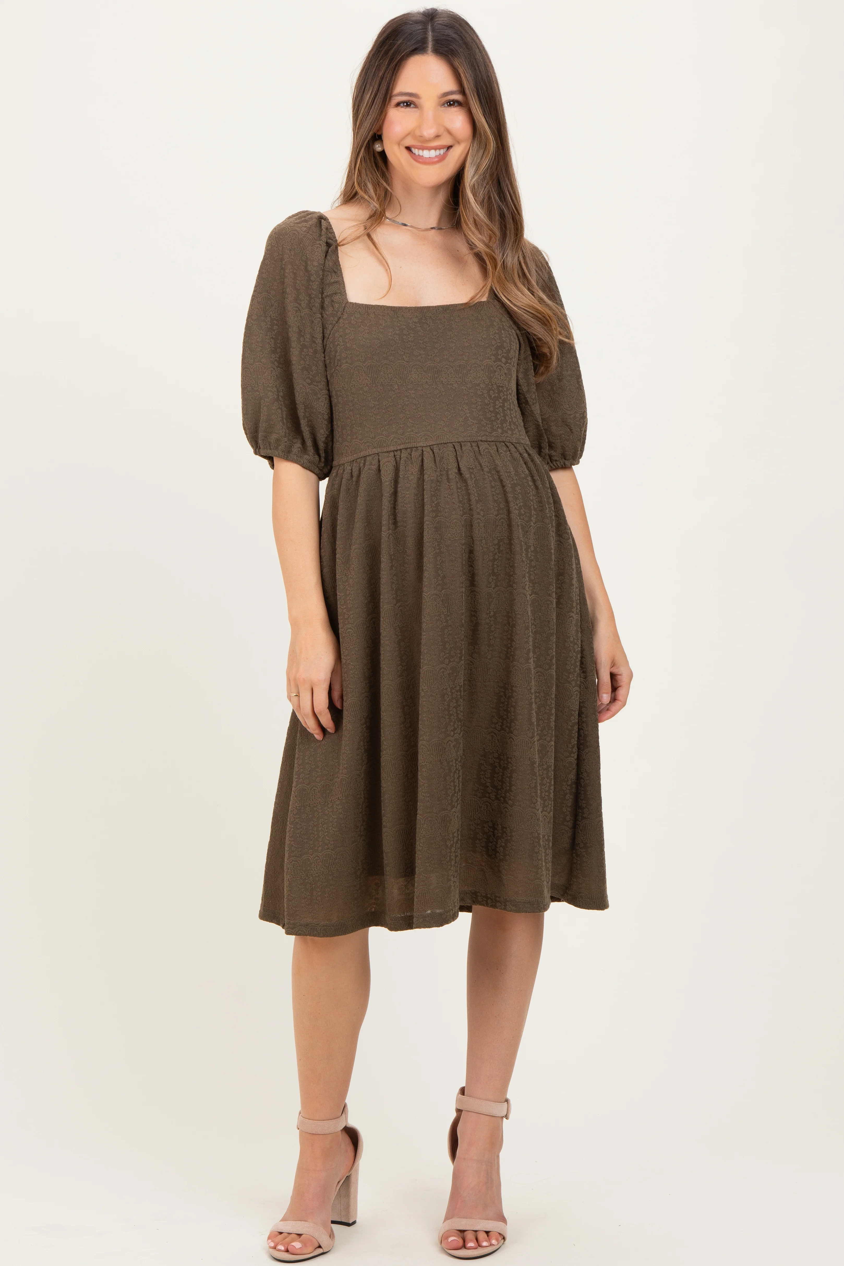 Image of Olive Lace Jacquard Puff Sleeve Maternity Dress
