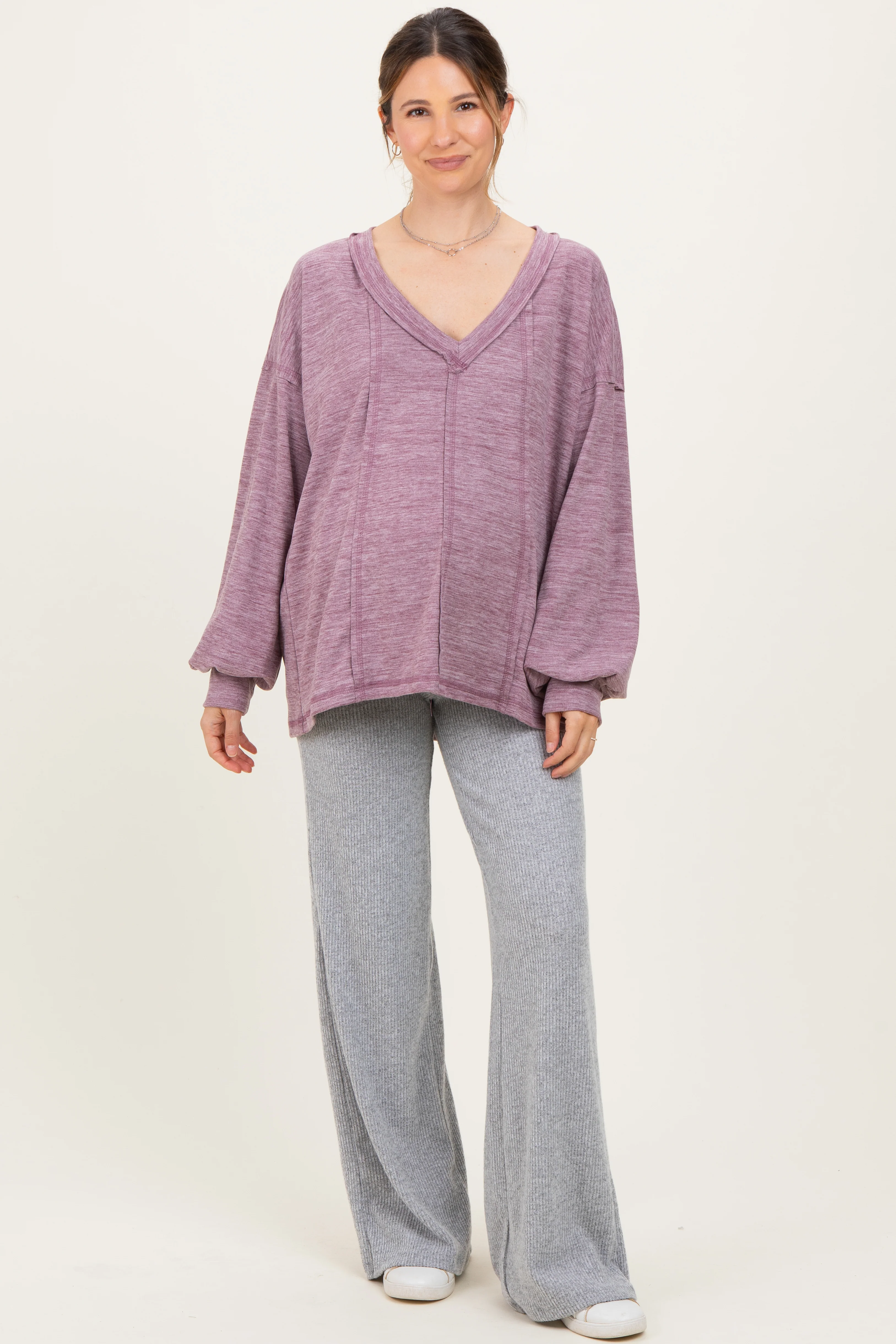 Image of Plum Brushed Long Sleeve V-Neck Maternity Sweatshirt