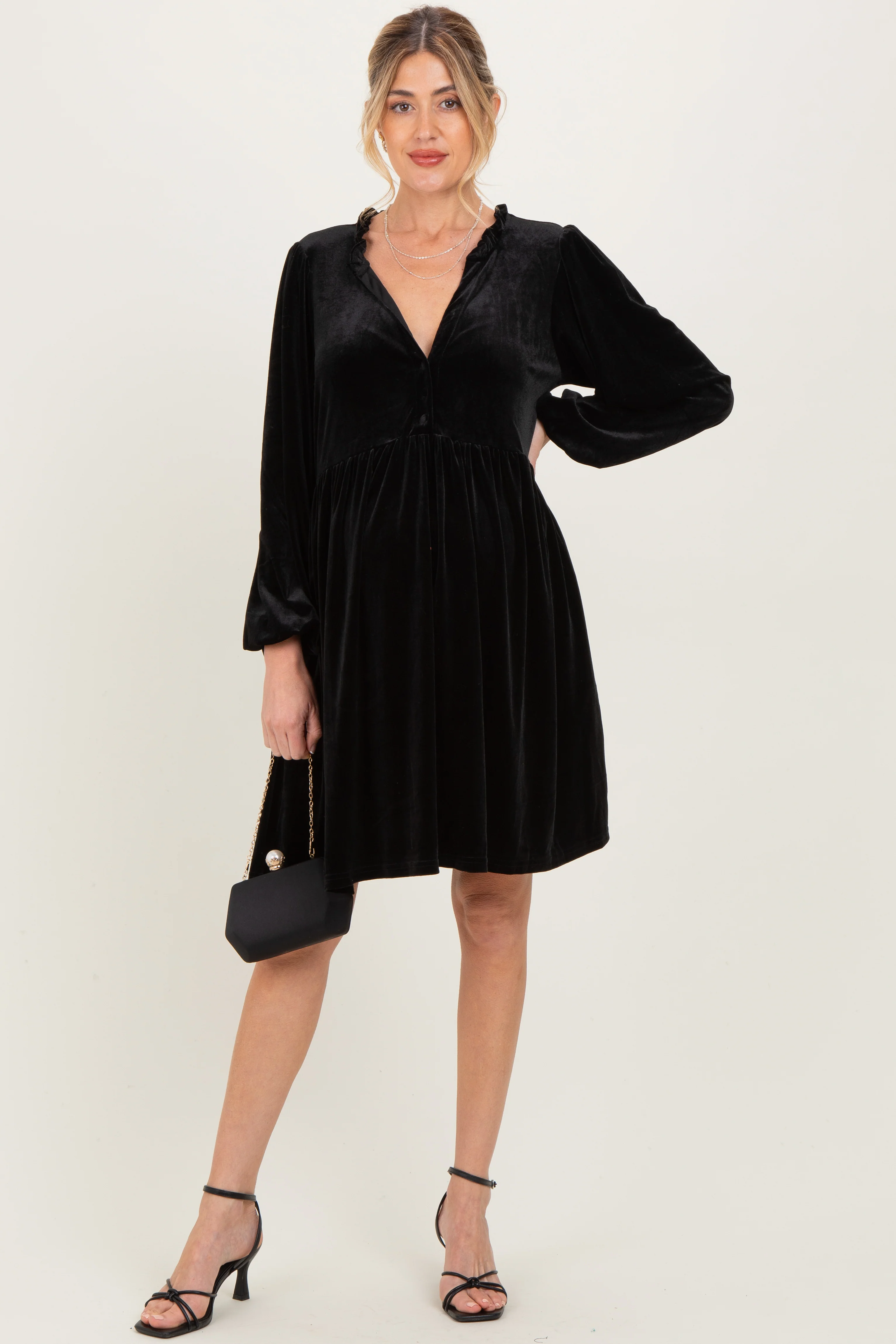 Image of Black Velvet Button Up V-Neck Maternity Dress