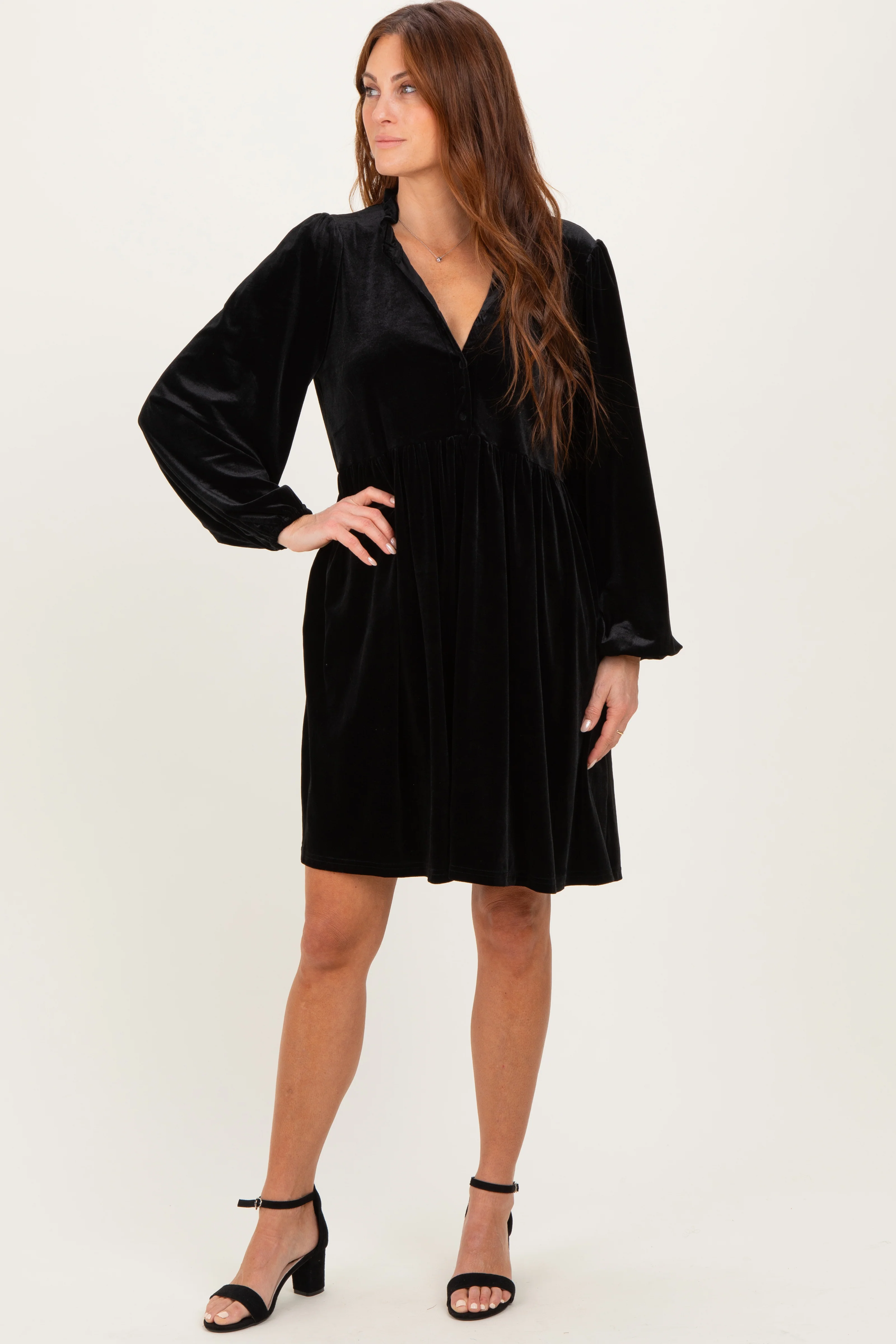 Image of Black Velvet Button Up V-Neck Dress
