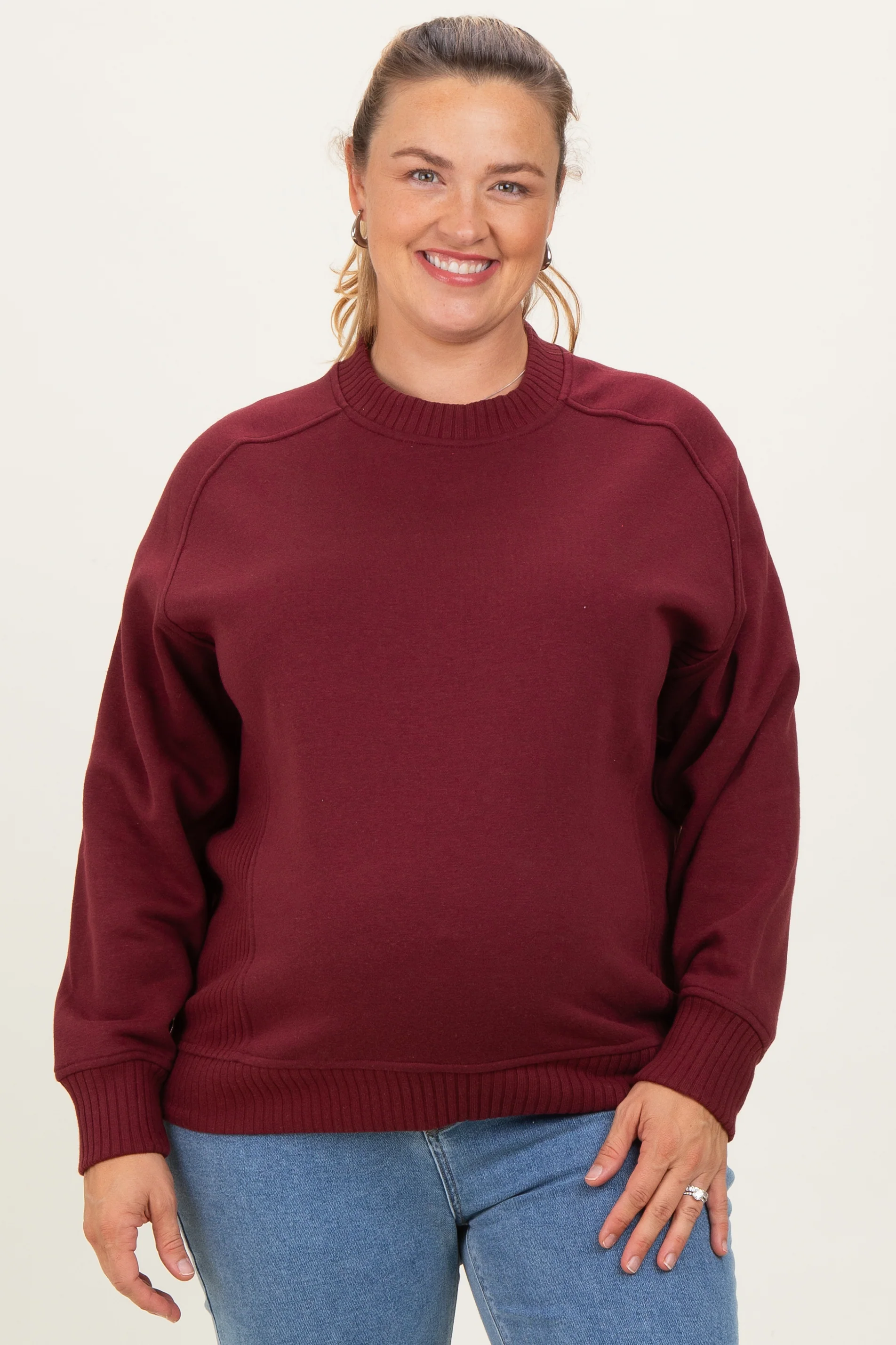 Image of Burgundy Pullover Terry Maternity Plus Crewneck