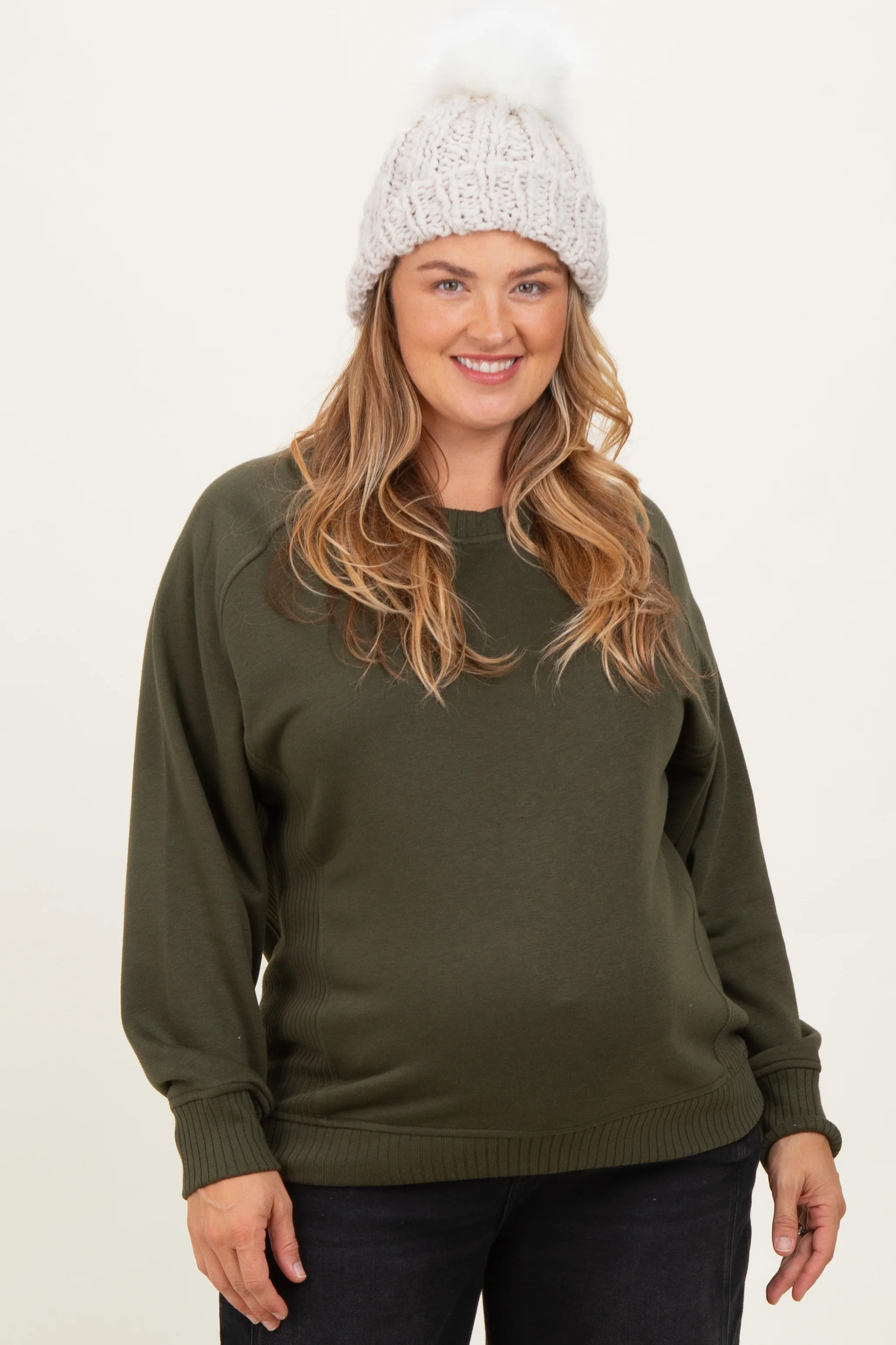 Image of Olive Pullover Terry Maternity Plus Crewneck