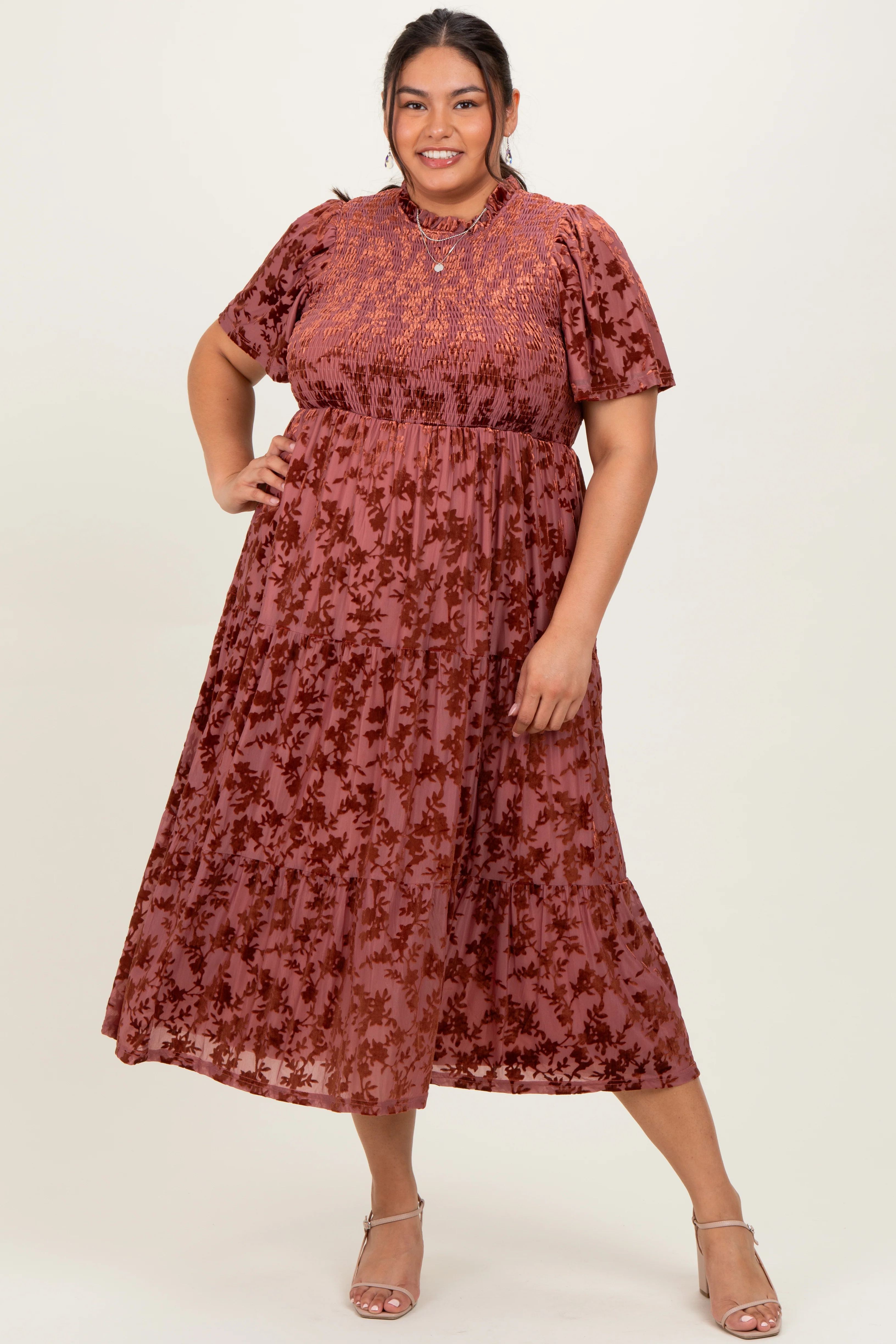 Image of Mauve Floral Velvet Print Smocked Plus Midi Dress