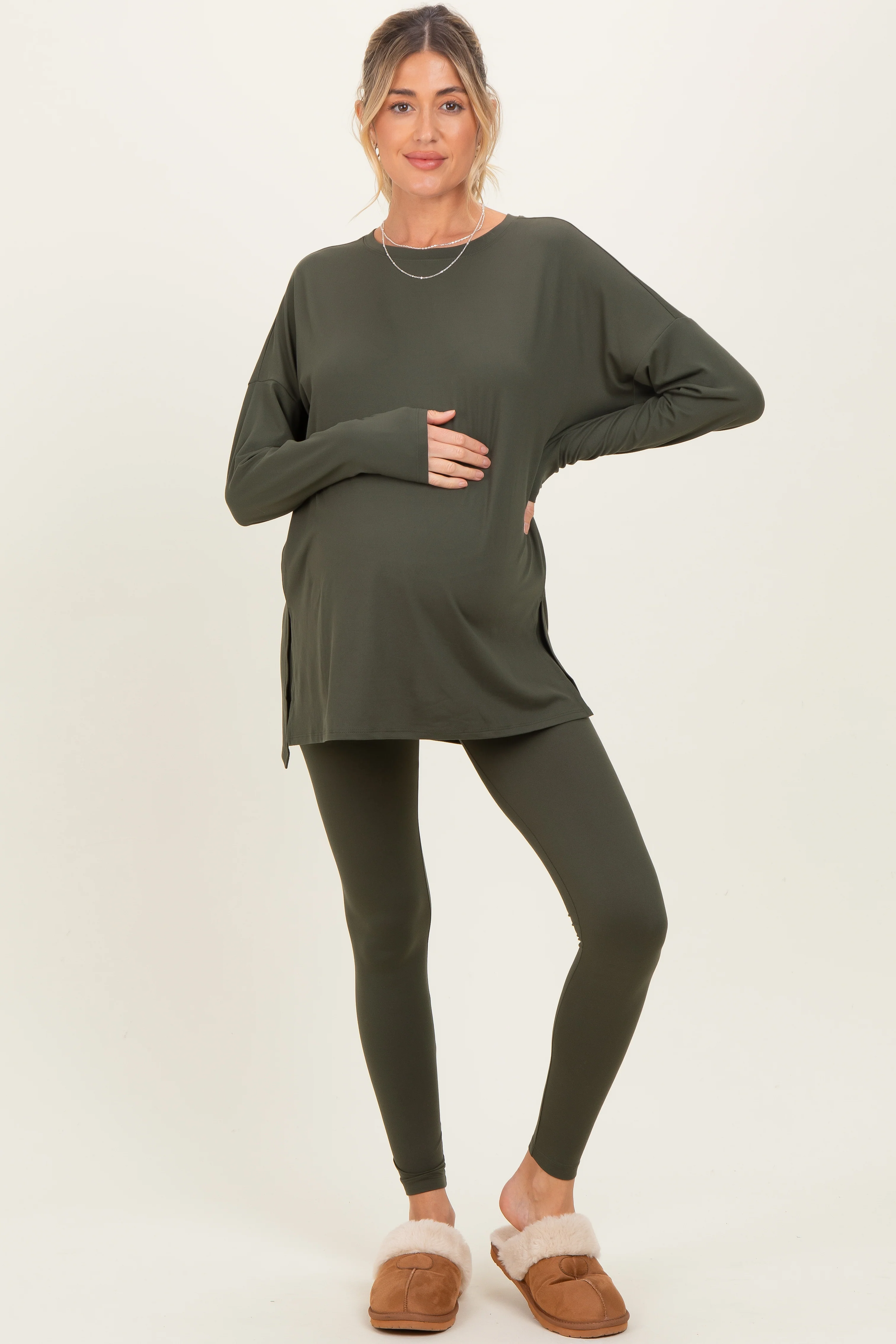 Image of Olive Brushed Knit Maternity Oversized Top and Legging Set