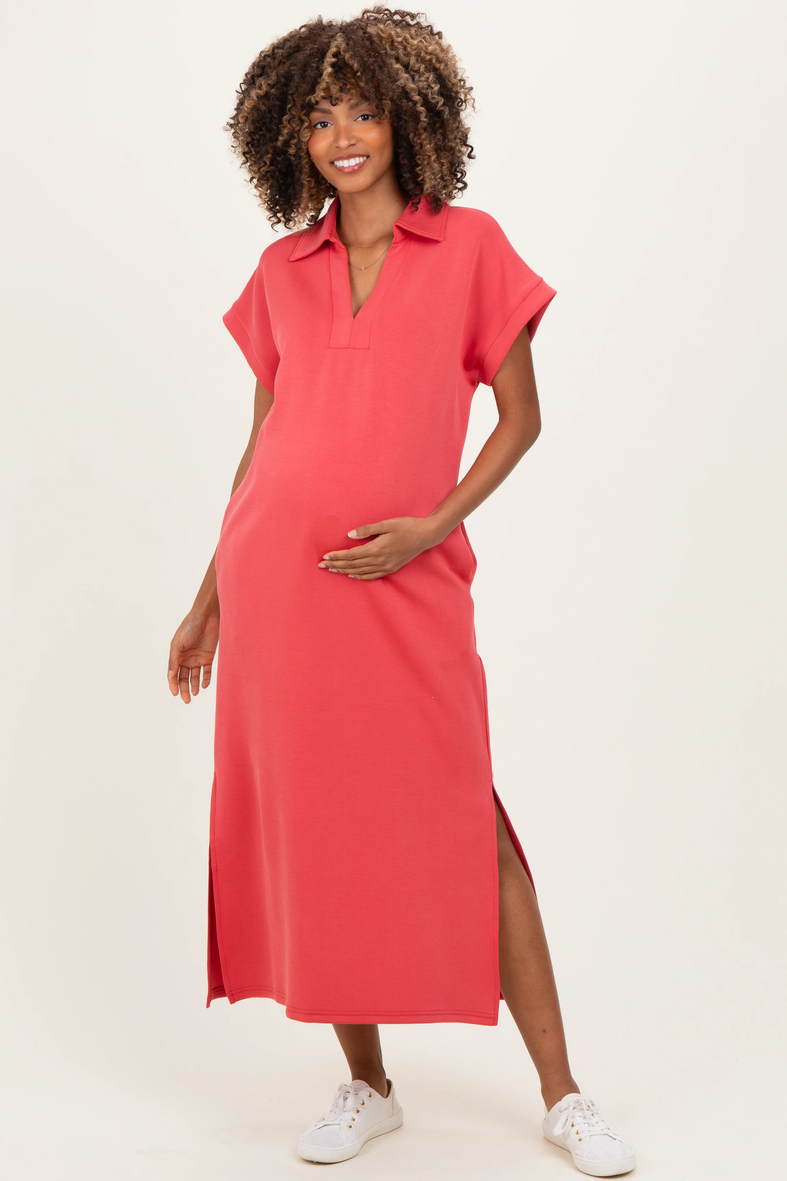 Image of Pink Coral Collared Short Sleeve Maternity Midi Dress
