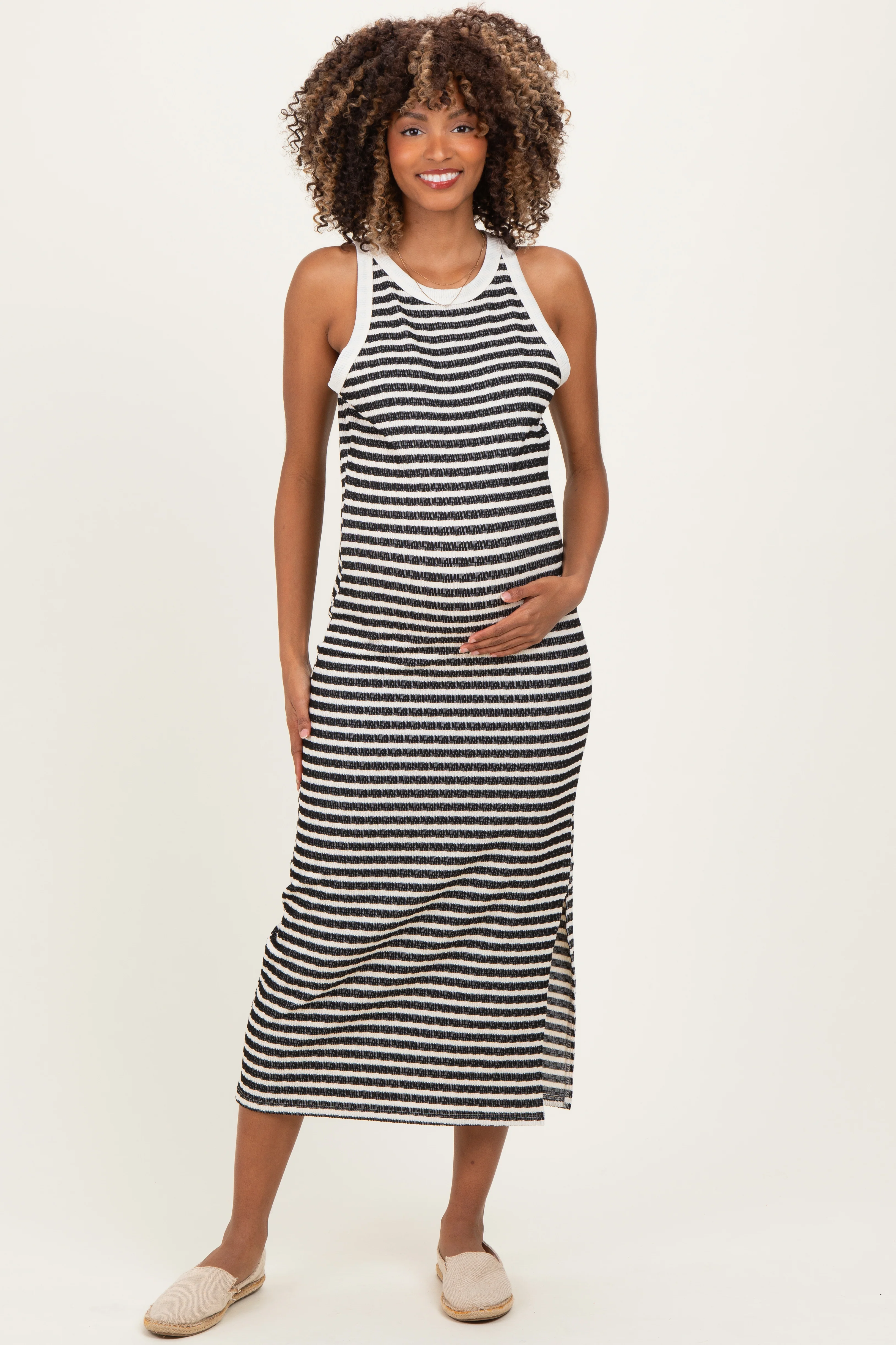 Image of Black Striped Knit Side Slit Maternity Tank Dress