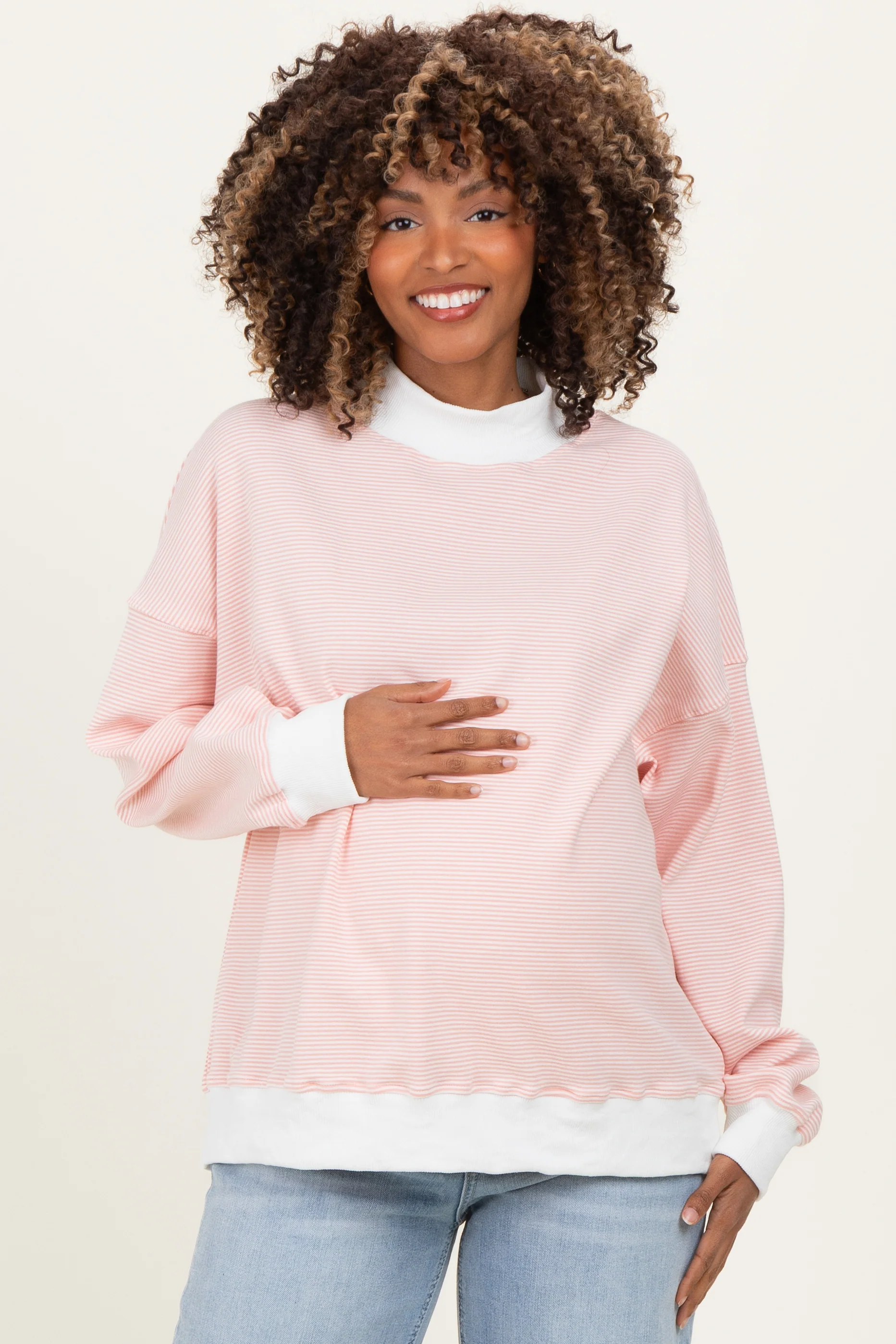 Image of Peach Striped Mock Neck Maternity Sweatshirt