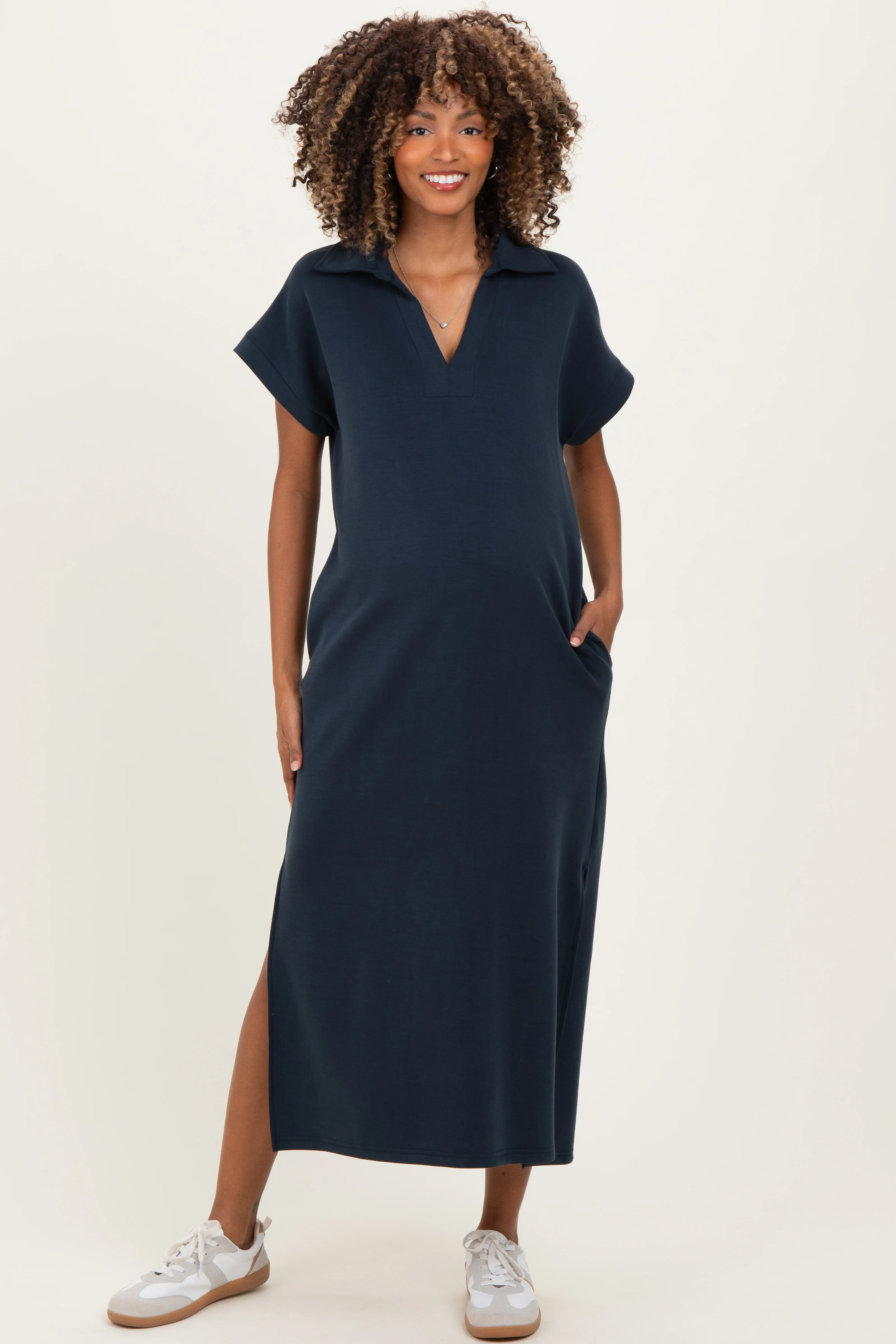 Image of Navy Collared Short Sleeve Maternity Midi Dress