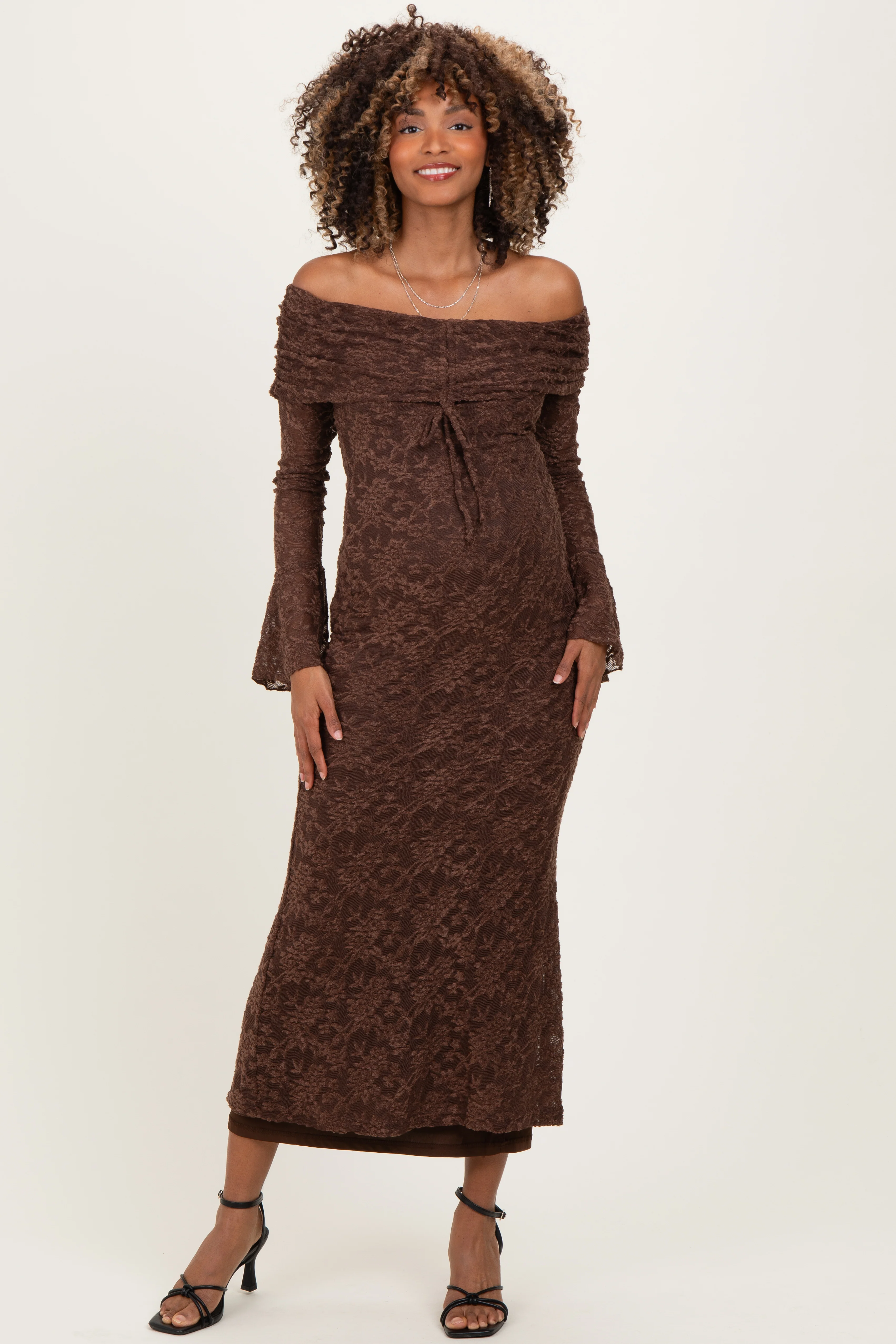 Image of Chocolate Lace Off Shoulder Maternity Maxi Dress