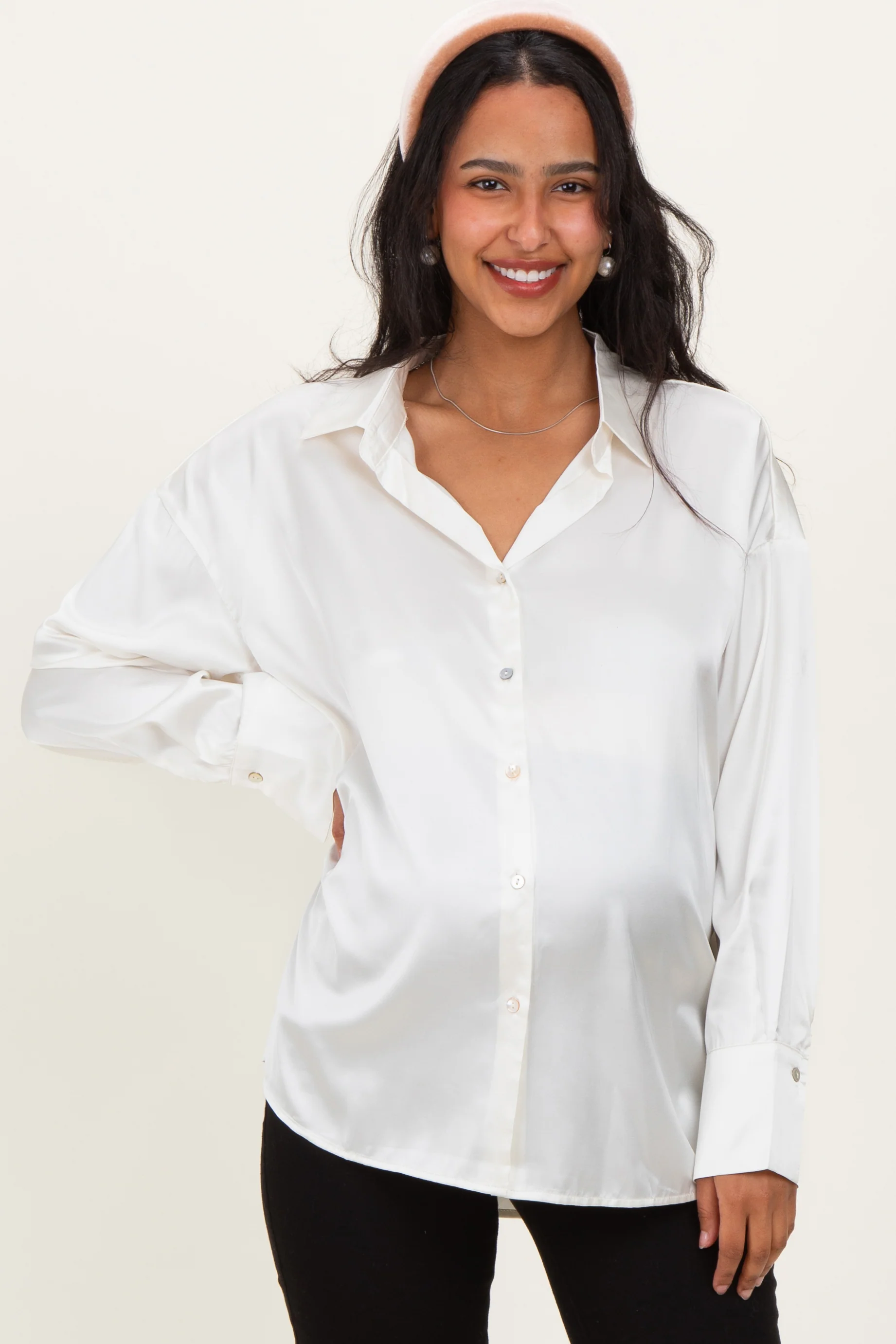 Image of Champagne Ivory Satin Button Up Maternity Blouse