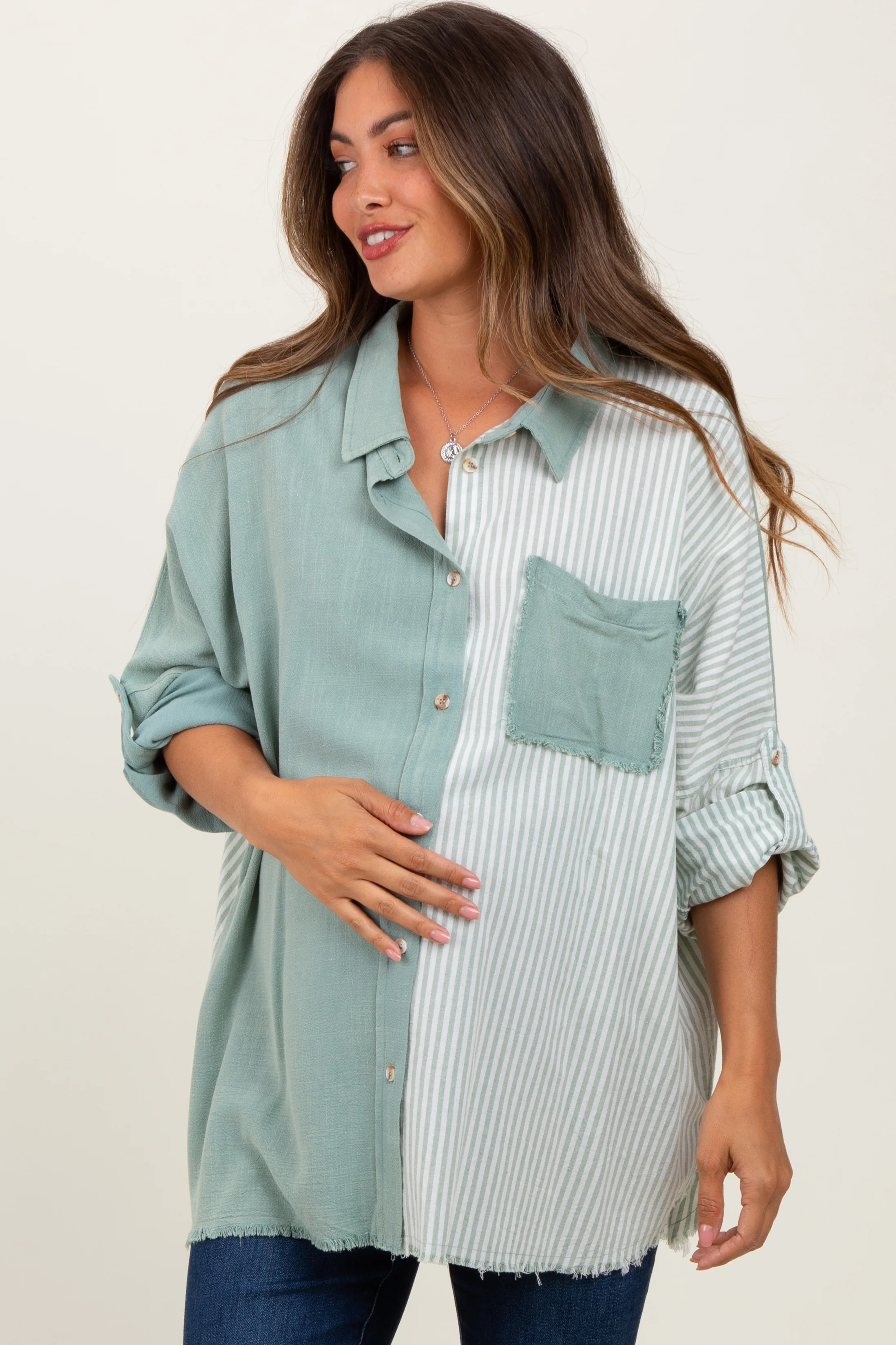 Image of Light Olive Colorblock Stripe Oversized Maternity Button Down