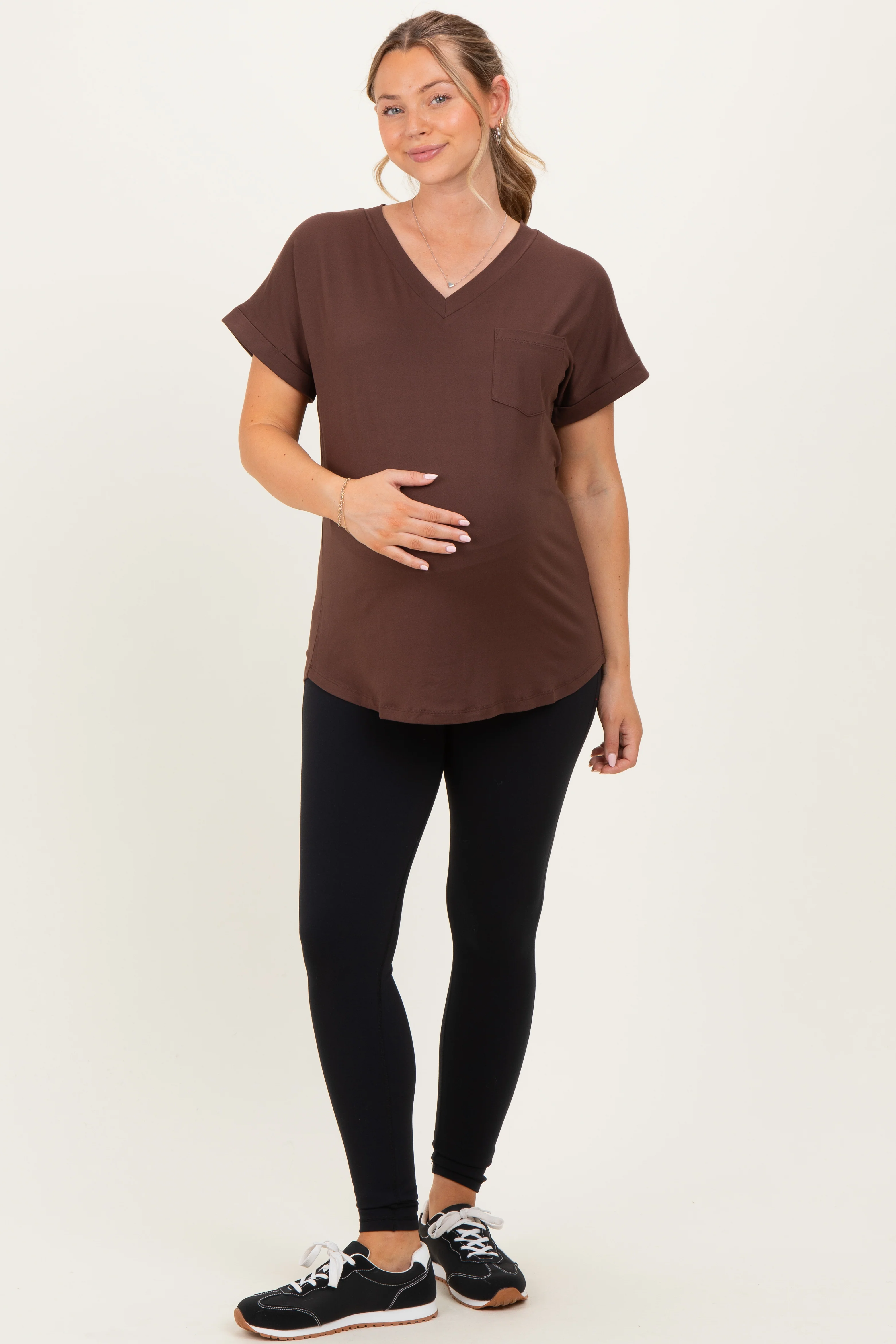Image of Brown V-Neck Pocket Short Sleeve Maternity Shirt