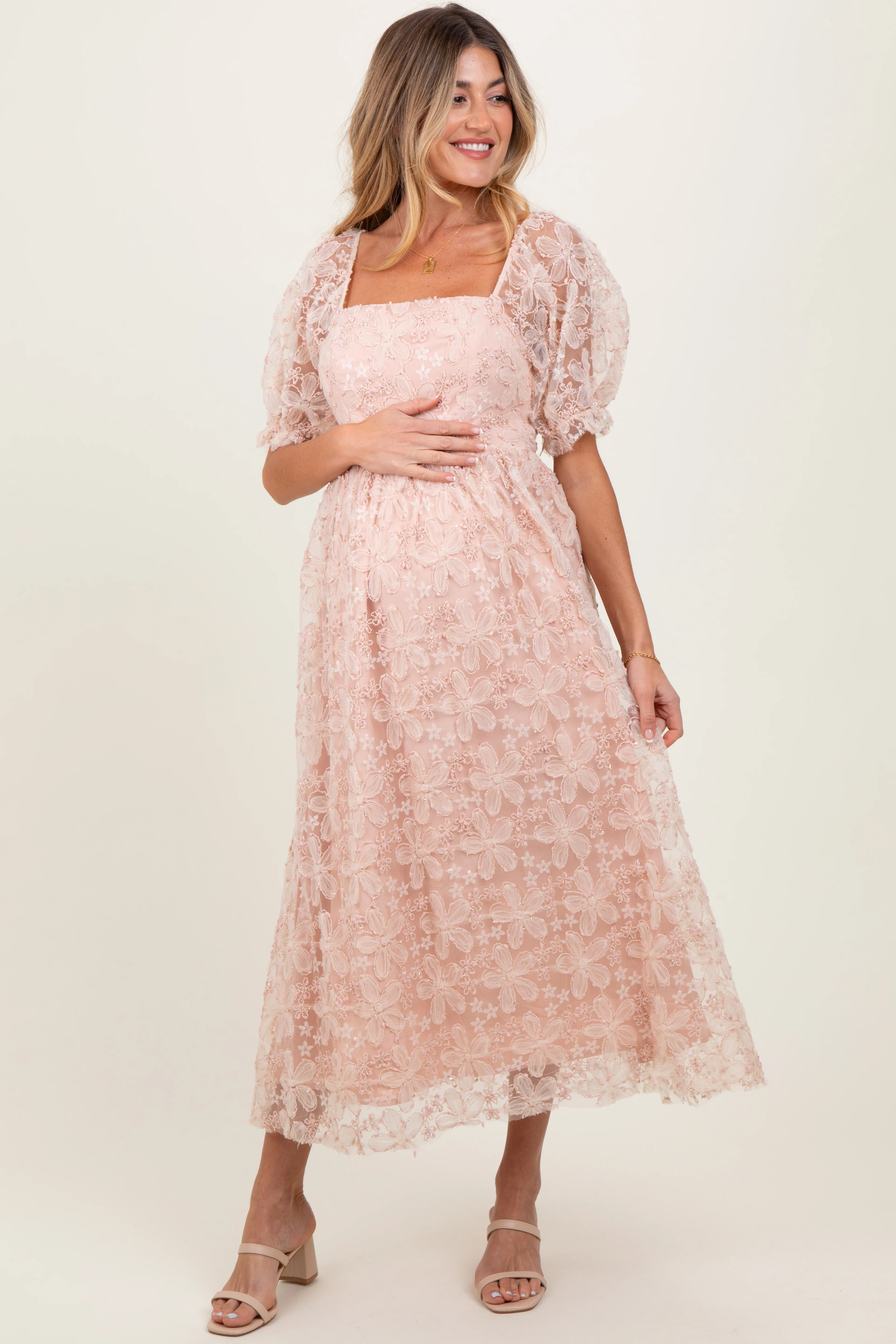 Image of Light Pink Floral Mesh Overlay Tie Back Maternity Midi Dress