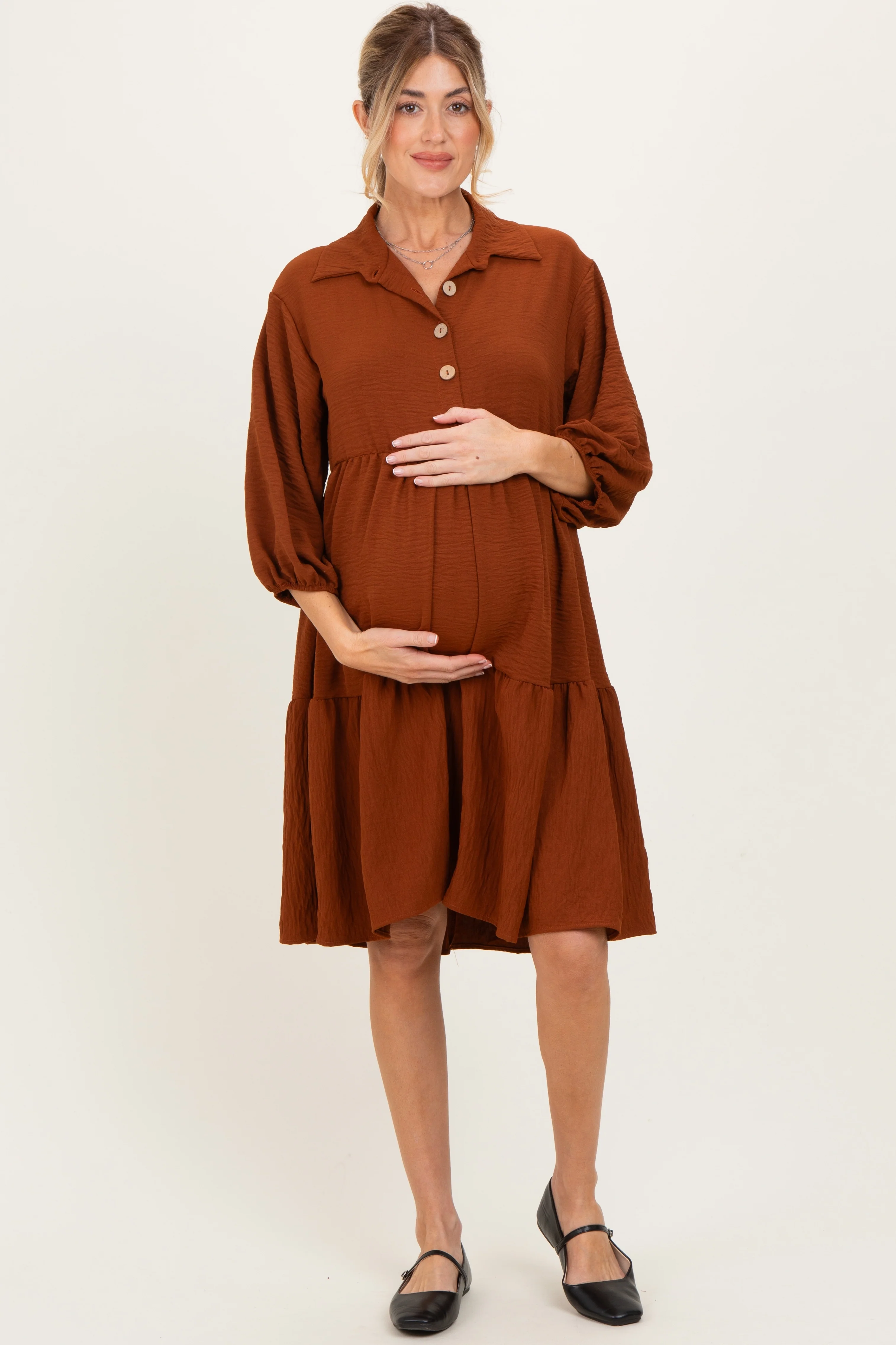 Image of Camel Long Sleeve Button Down Collared Tiered Maternity Dress