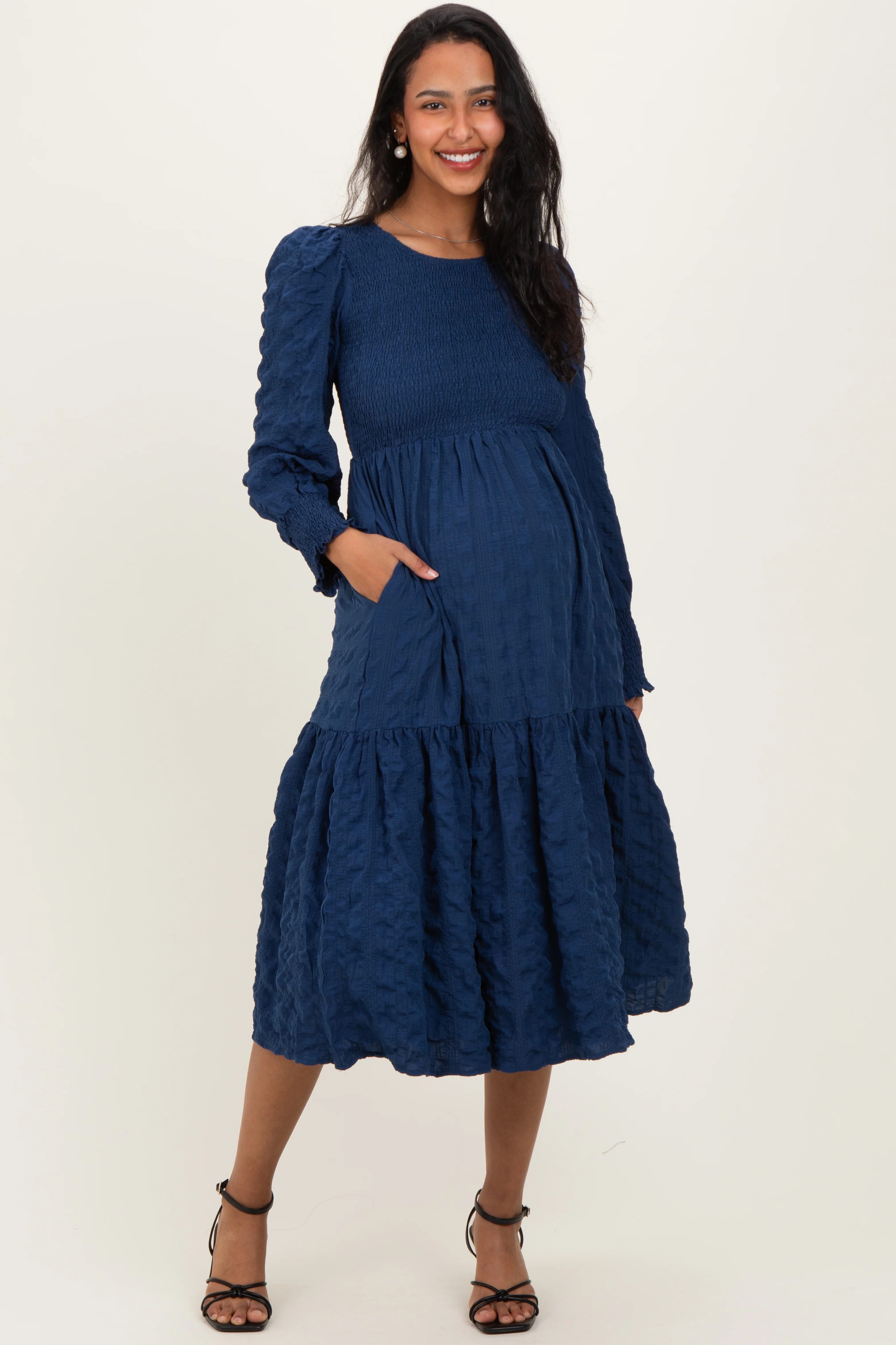 Image of Navy Textured Stripe Smocked Maternity Midi Dress