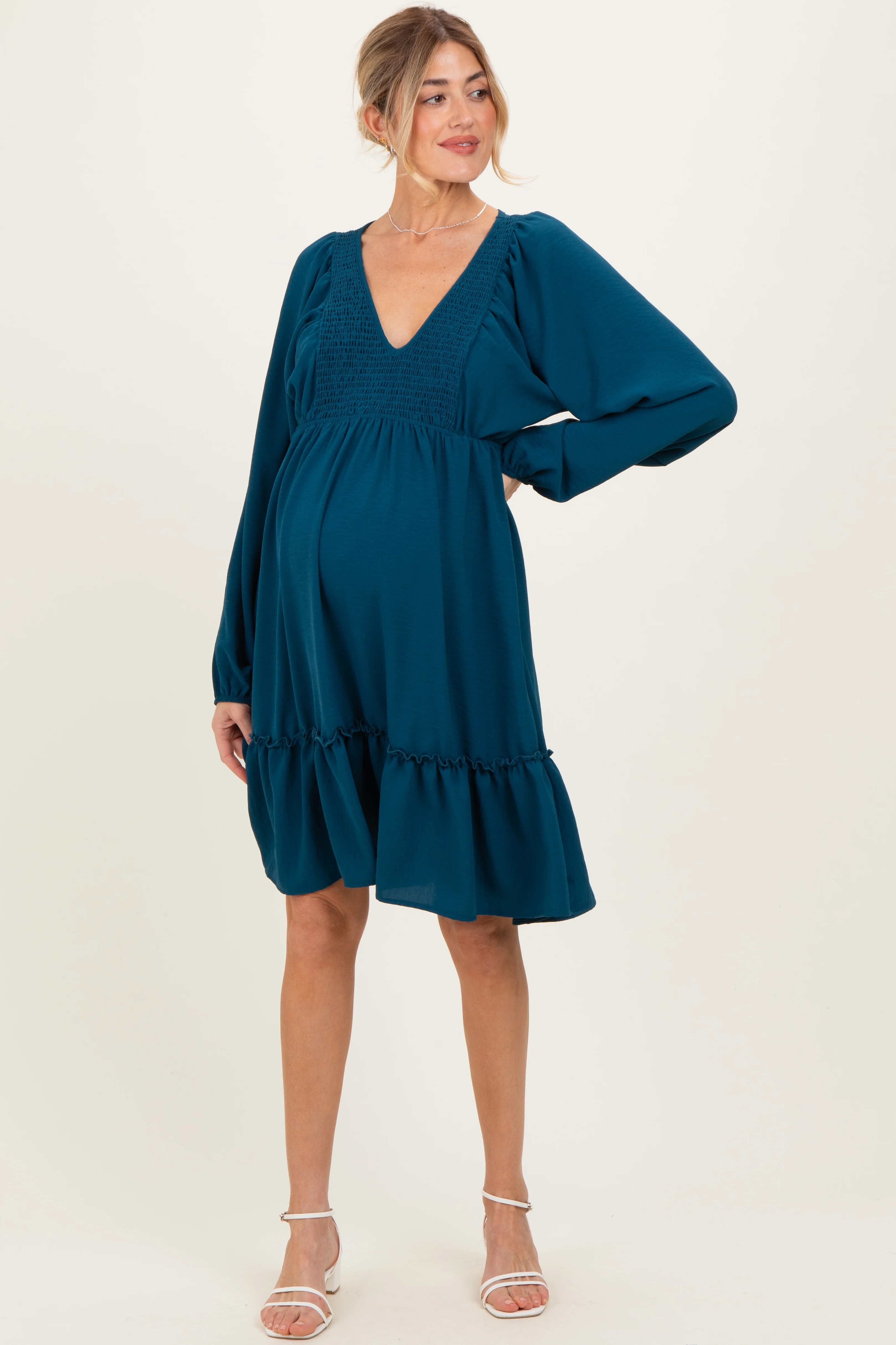 Image of Dark Teal Long Sleeve V-Neck Tiered Maternity Midi Dress