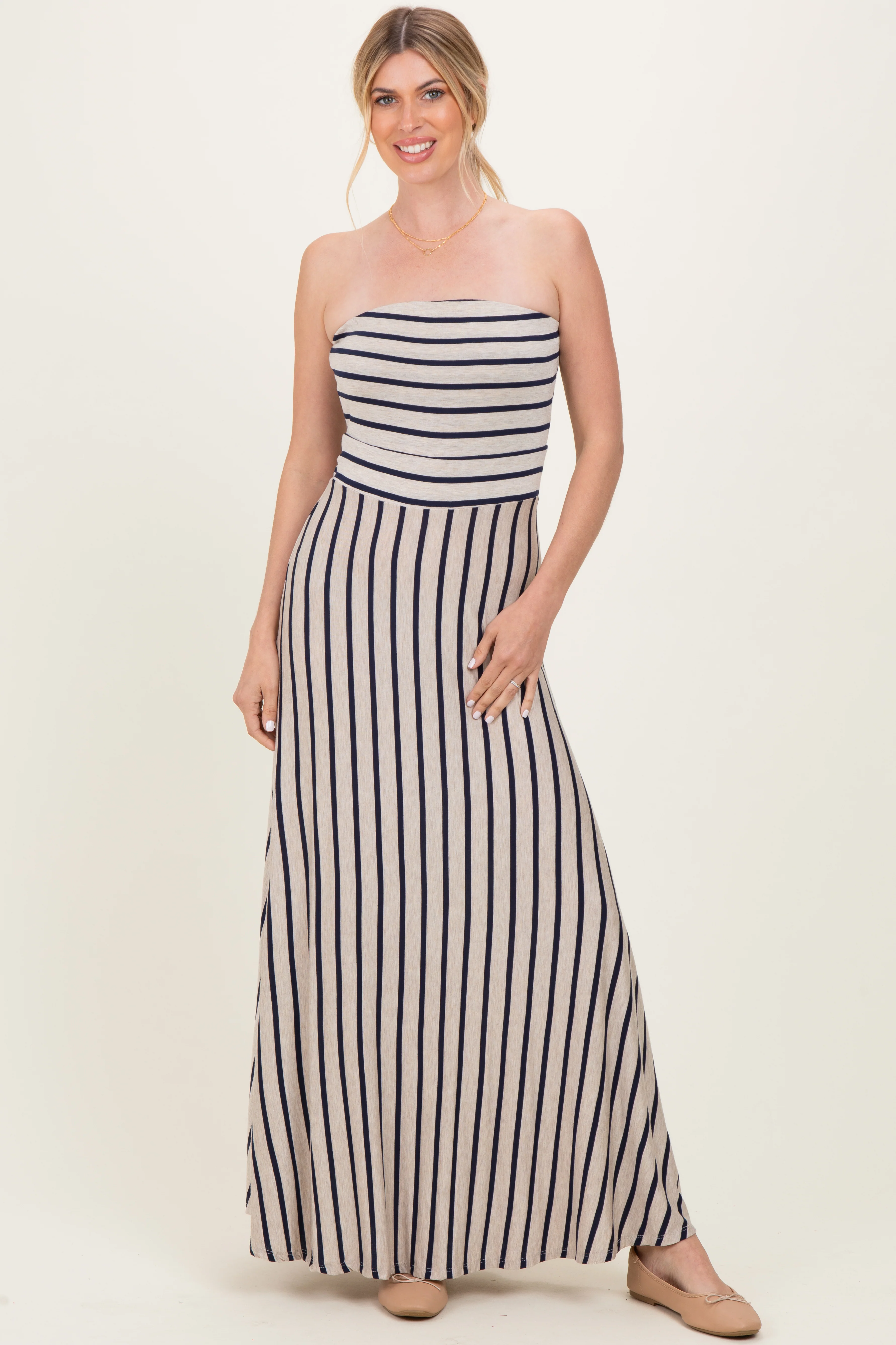 Image of Oatmeal Striped Strapless Maxi Dress