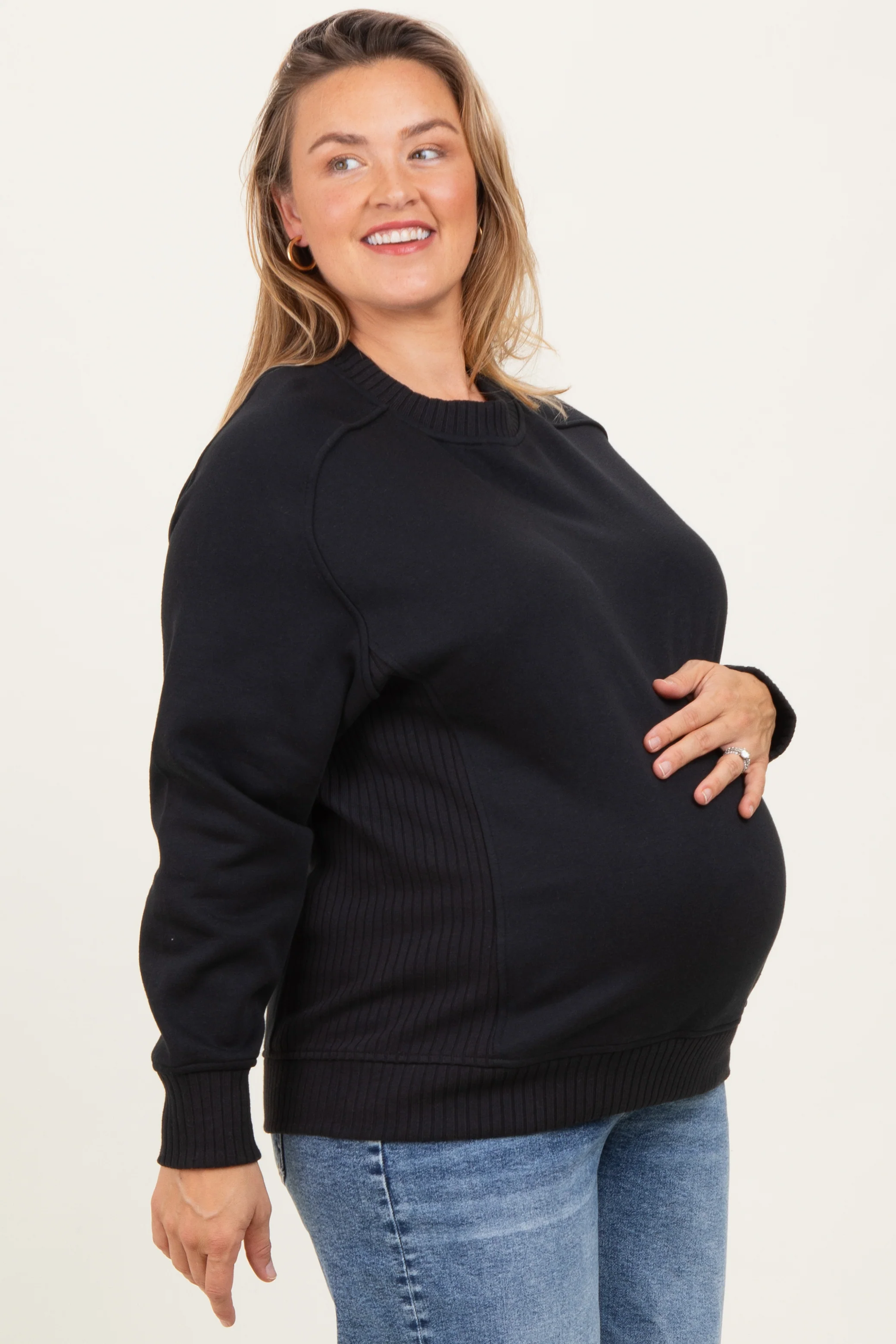 Image of Black Pullover Terry Maternity Plus Crewneck