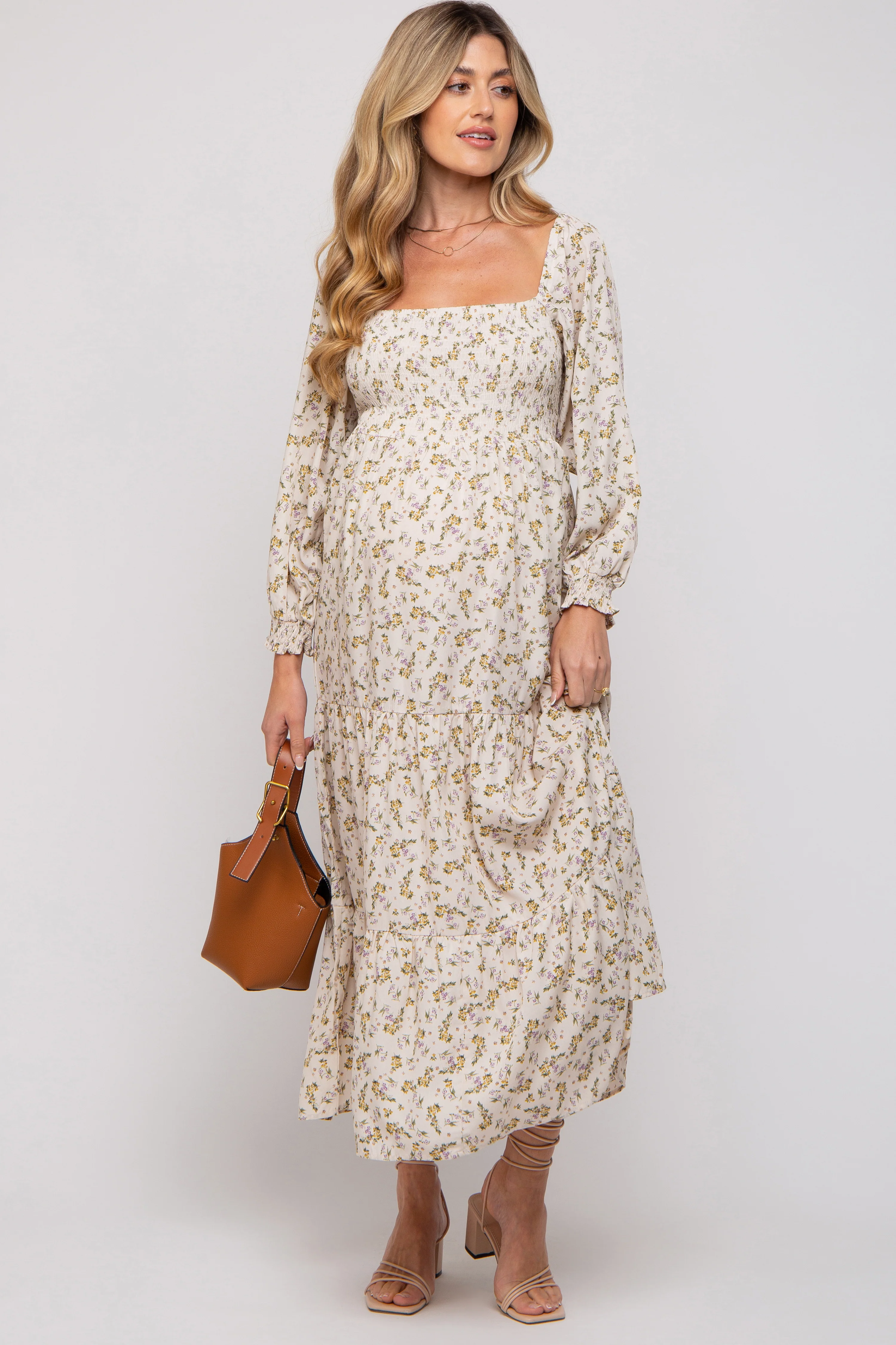 Image of Cream Floral Smocked Long Sleeve Maternity Maxi Dress