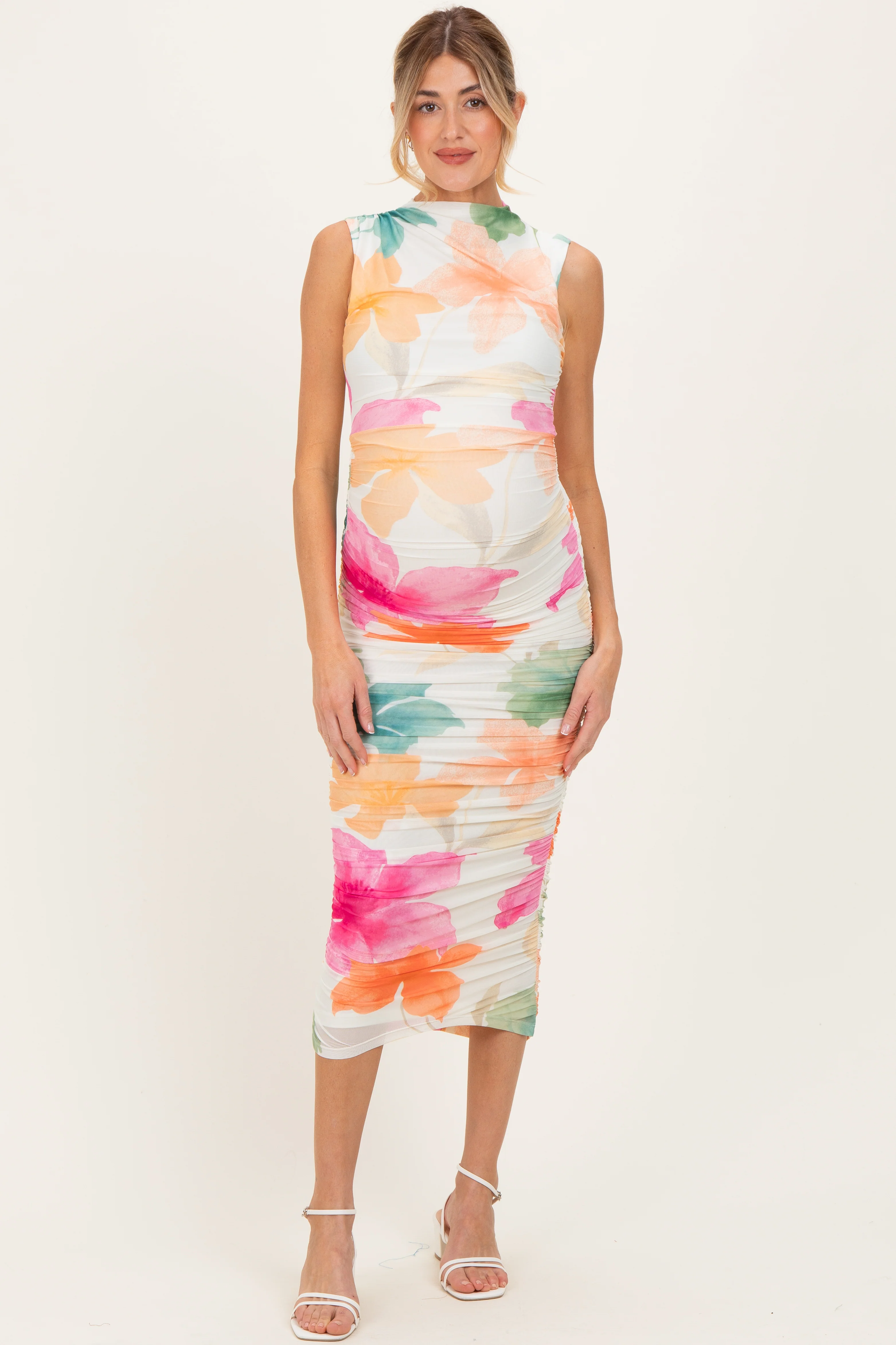 Image of Multicolor Floral Ruched Sleeveless Maternity Midi Dress