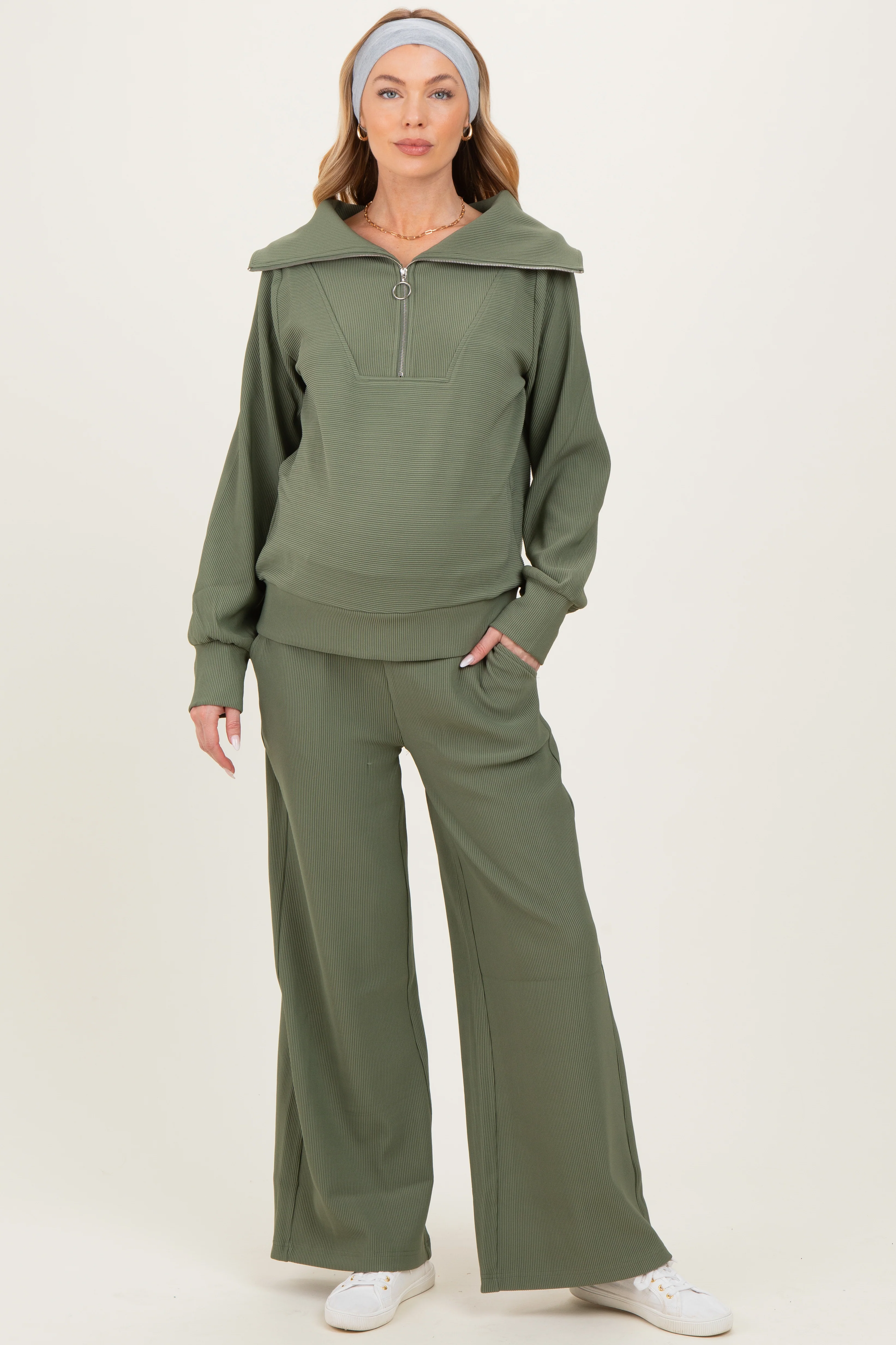 Image of Light Olive Ribbed High Neck Half Zip Pullover Maternity Pant Set