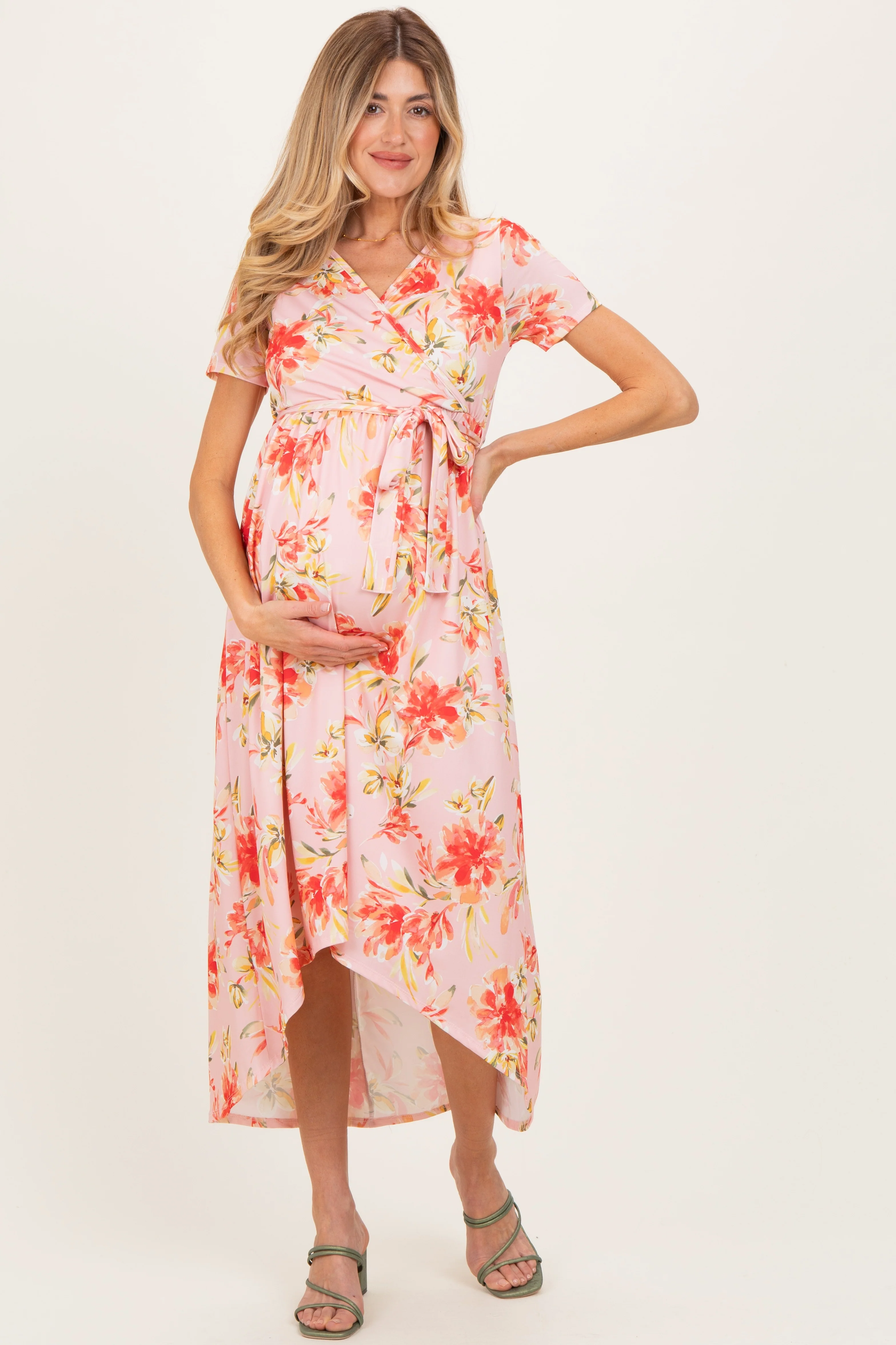 Image of Peach Floral Print Short Sleeve Hi-Low Maternity Wrap Dress