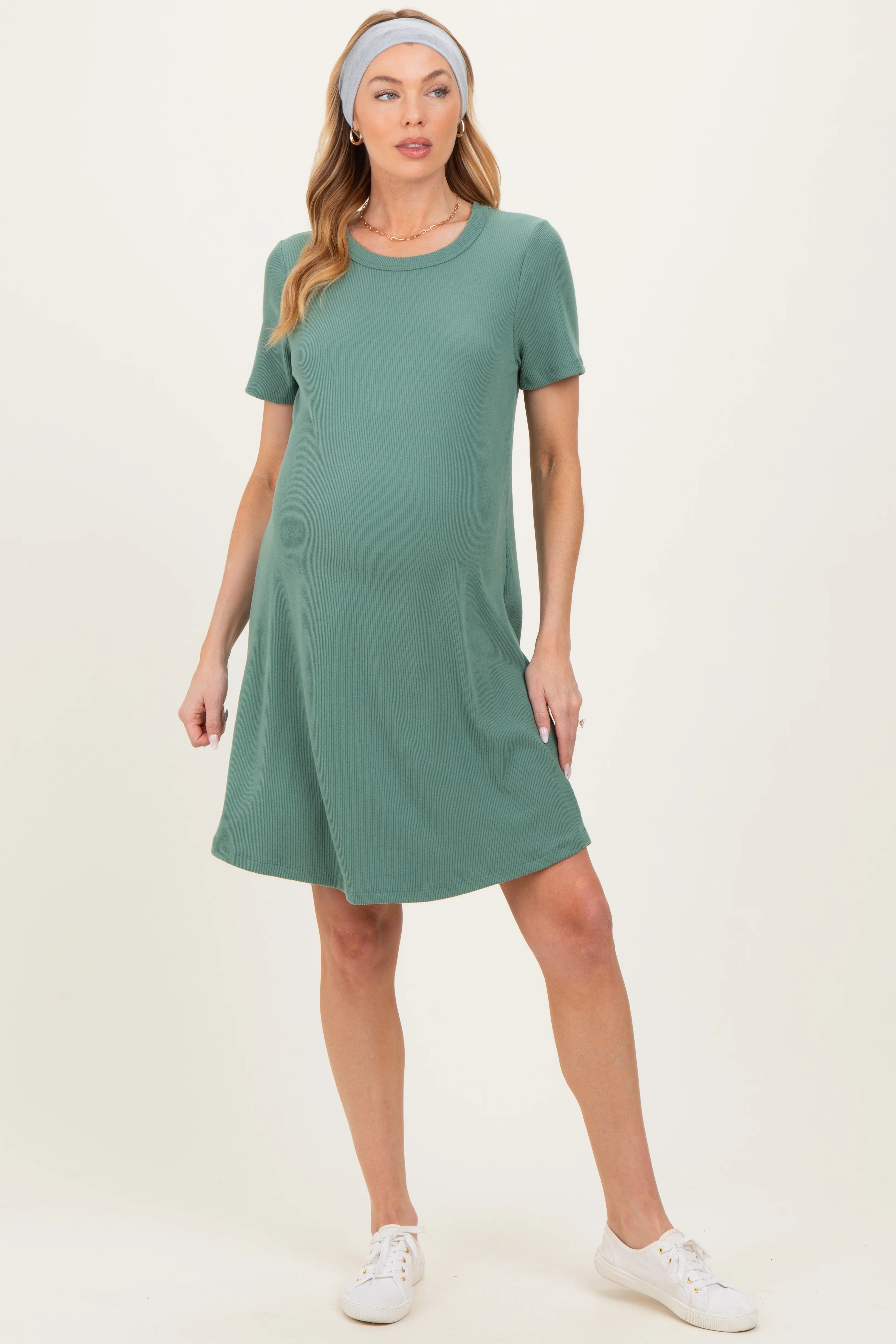 Image of Olive Ribbed Knit Basic Short Sleeve Maternity T-Shirt Dress