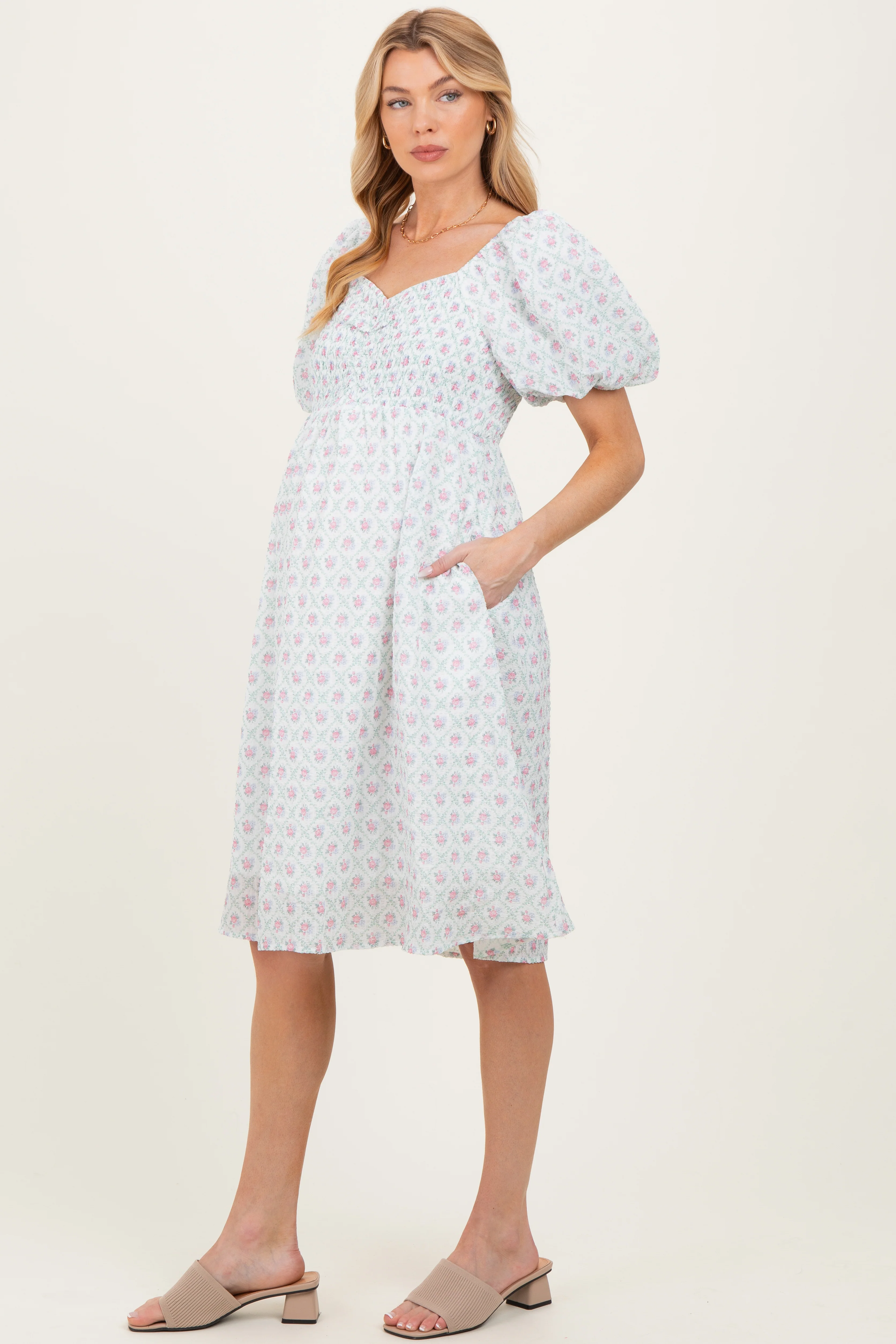 Image of Green Floral Smocked Puff Sleeve Maternity Dress
