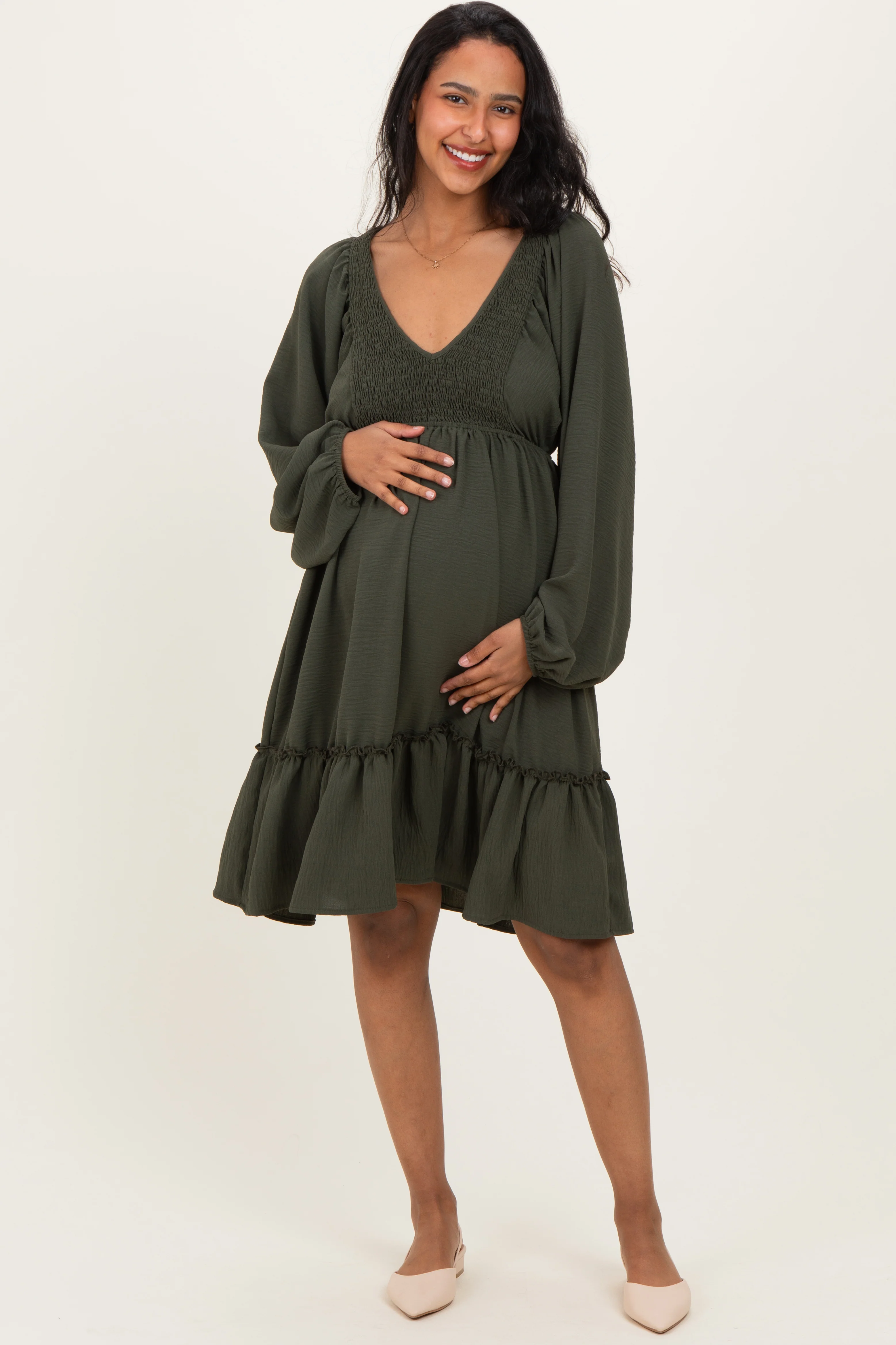 Image of Olive Long Sleeve V-Neck Tiered Maternity Midi Dress