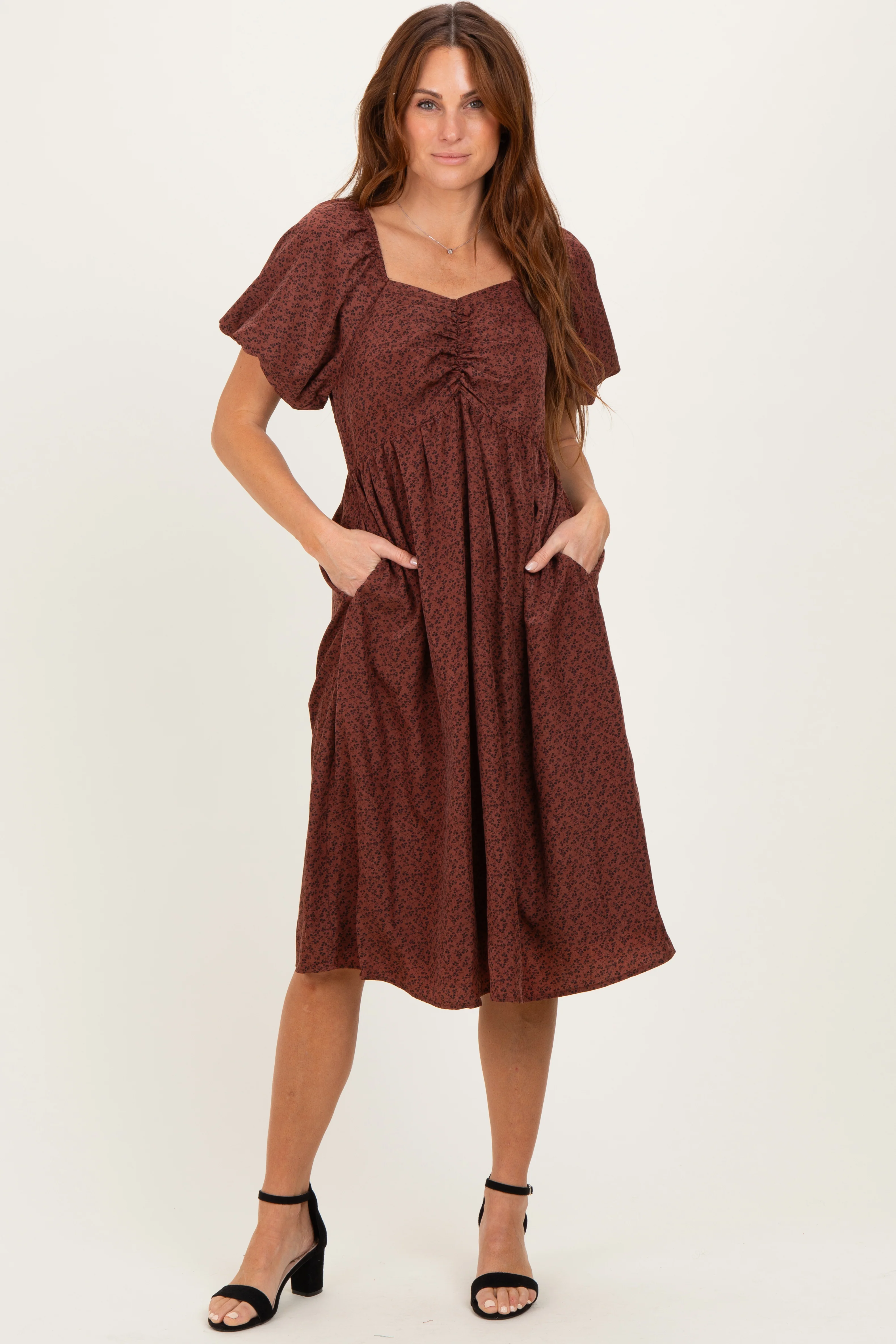 Image of Brown Ruched Sweetheart Neck Dress