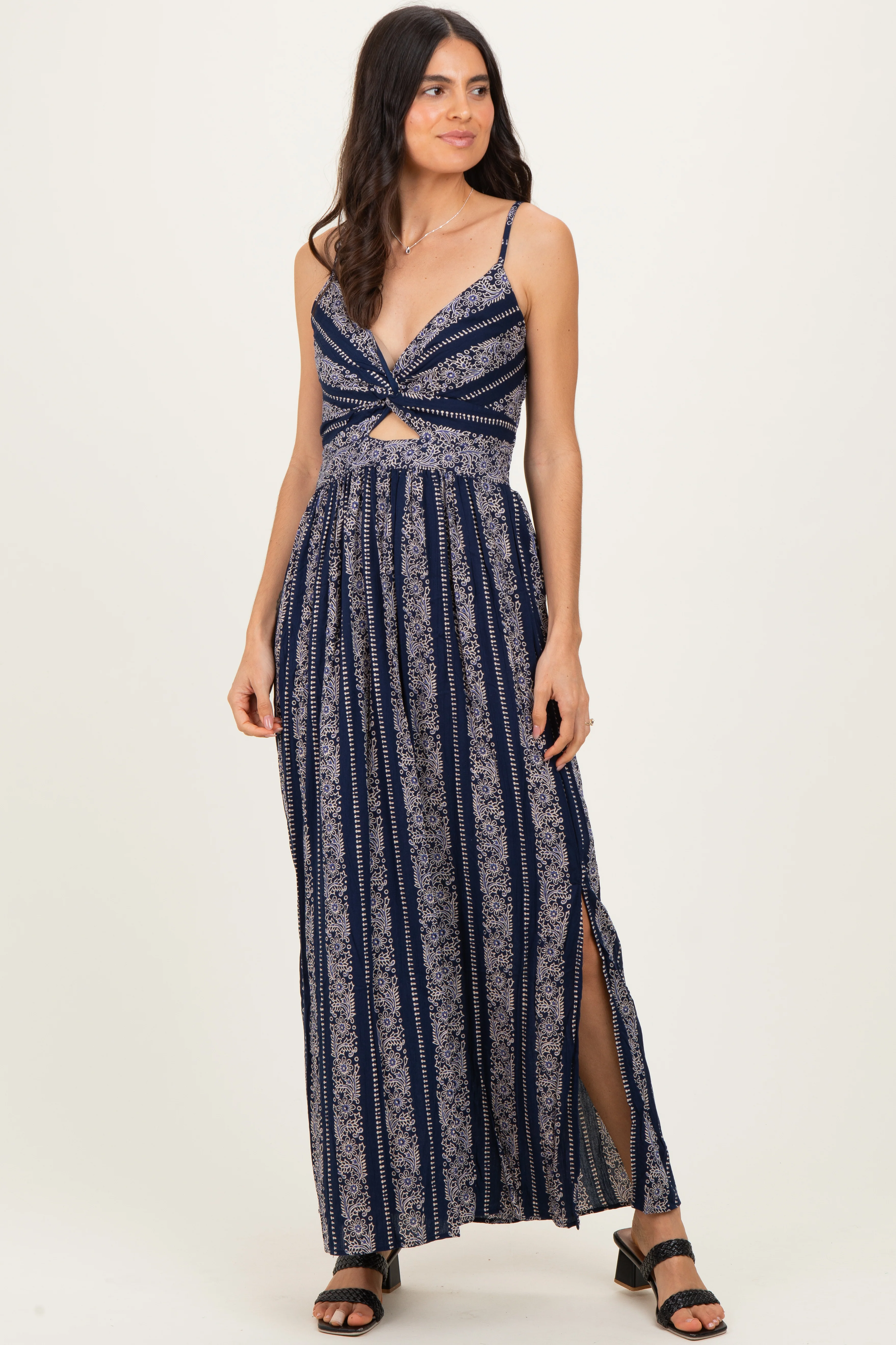 Image of Navy Floral Stripe Twisted Front Maxi Dress