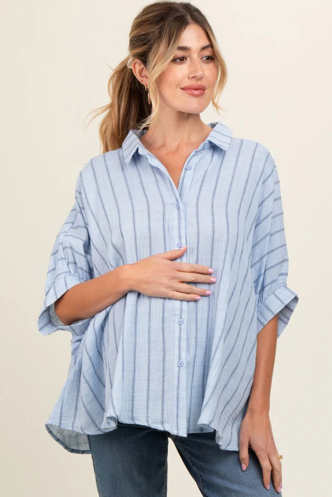 Image of Light Blue Striped Collared Oversized Maternity Top