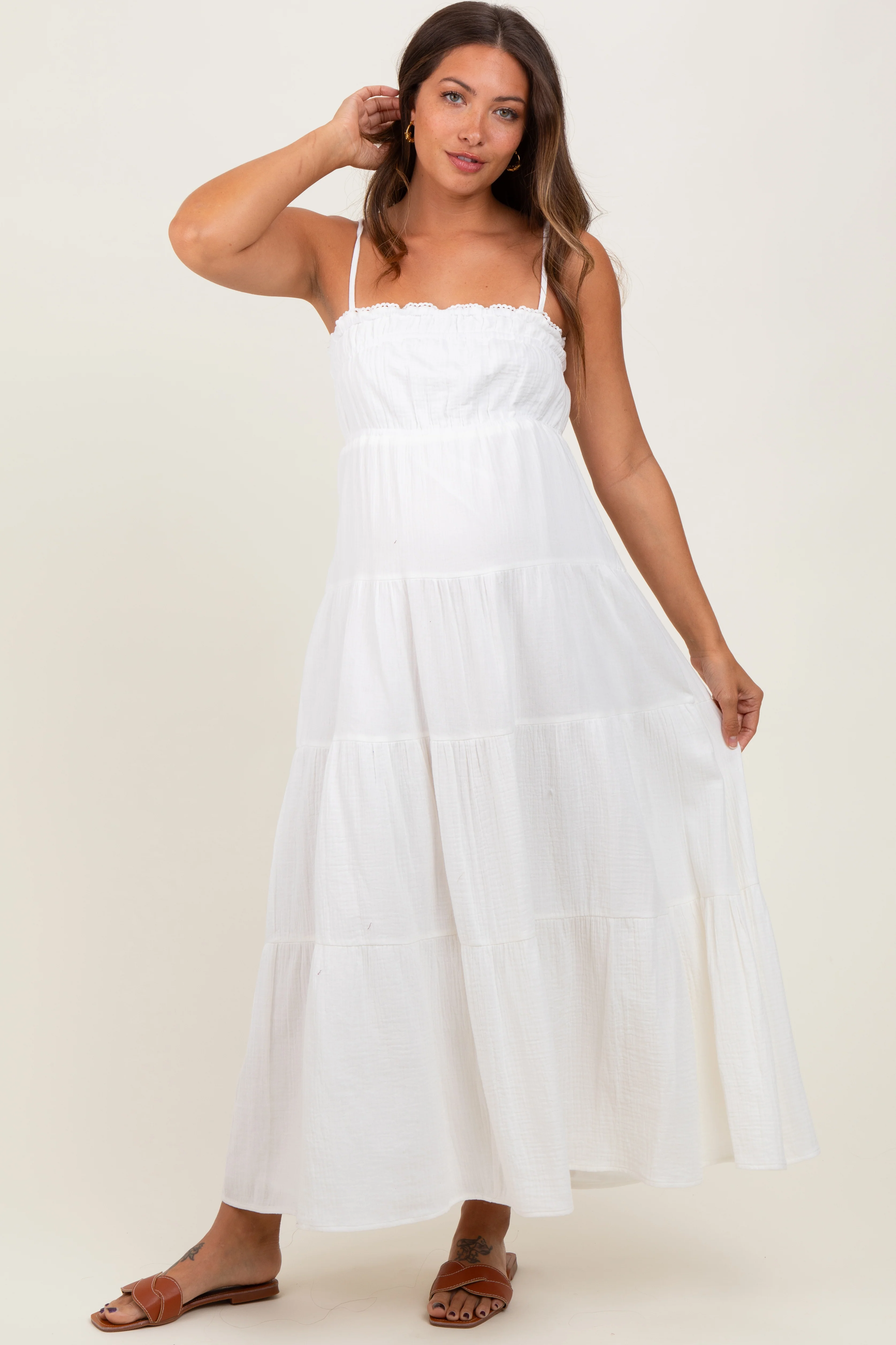 Image of Ivory Crochet Trim Tiered Maternity Maxi Dress