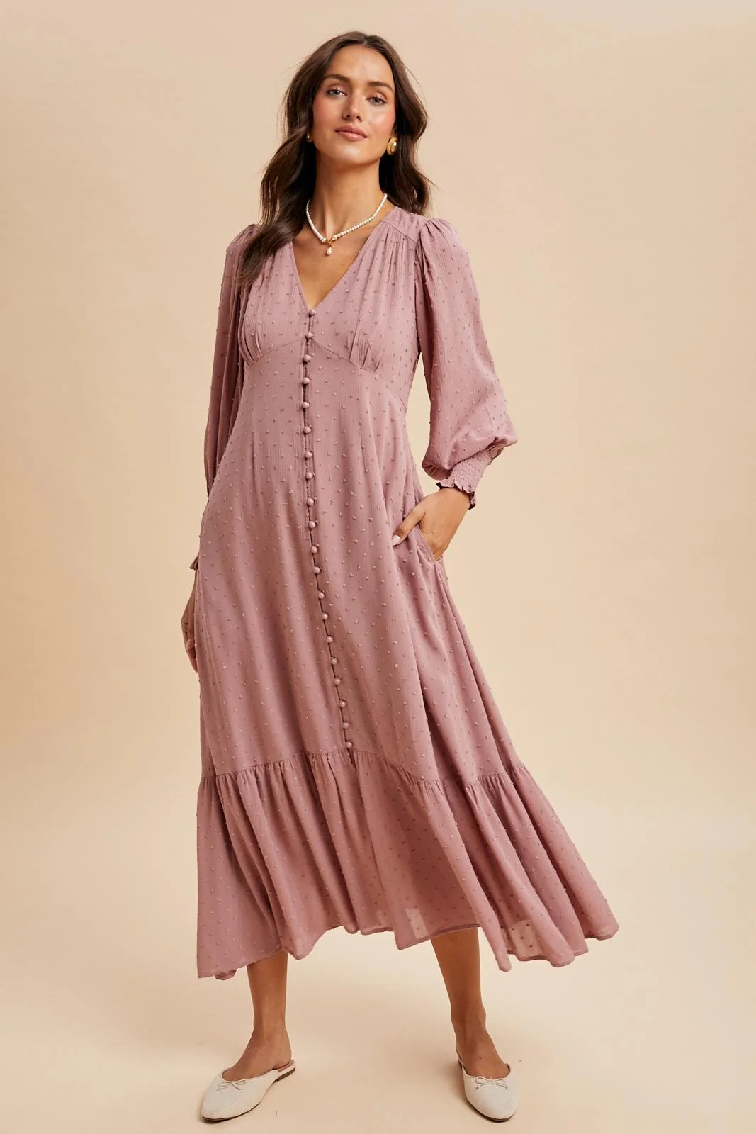 Image of Rose Swiss Dot Button Down Maxi Dress
