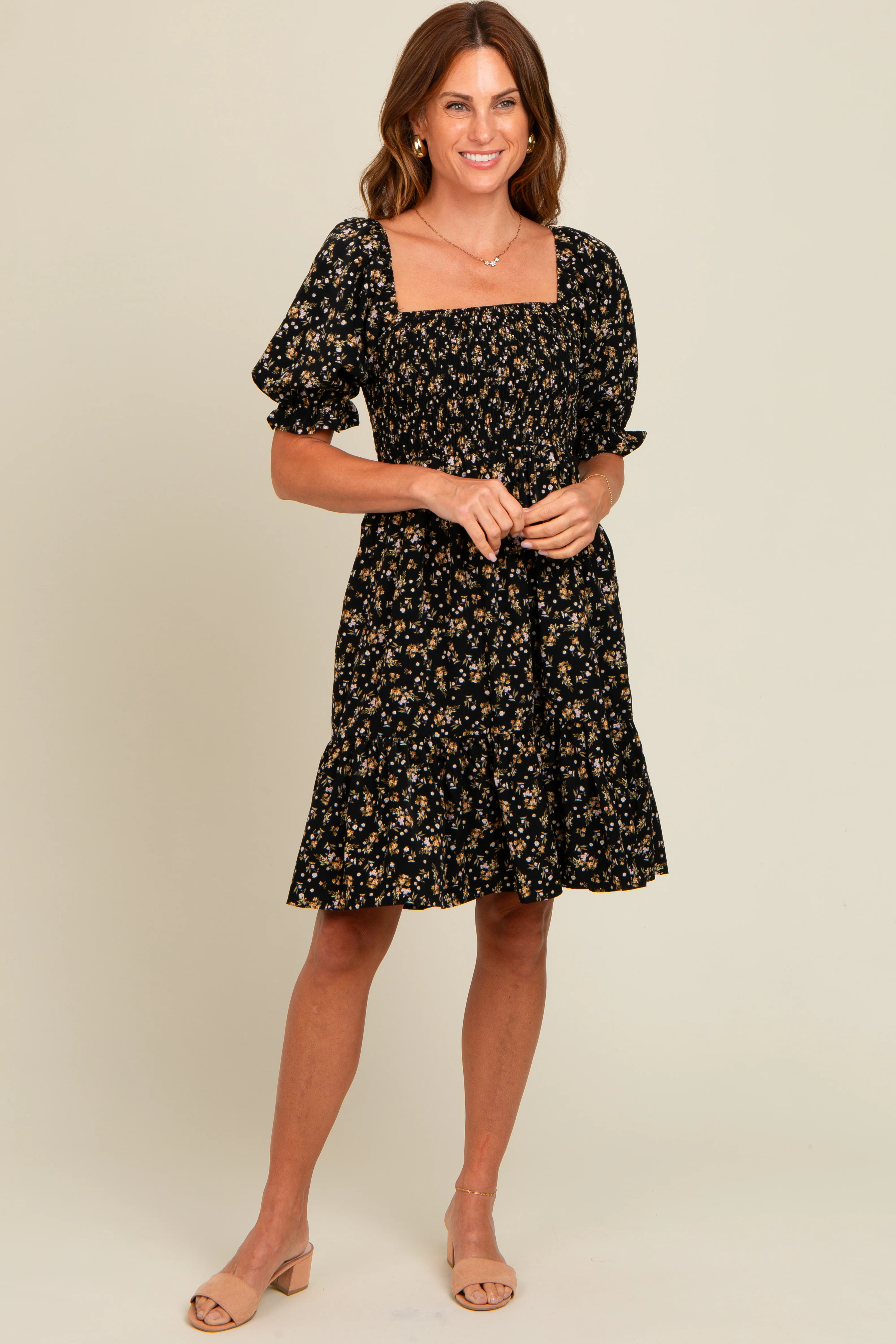 Image of Black Floral Smocked Puff Sleeve Dress