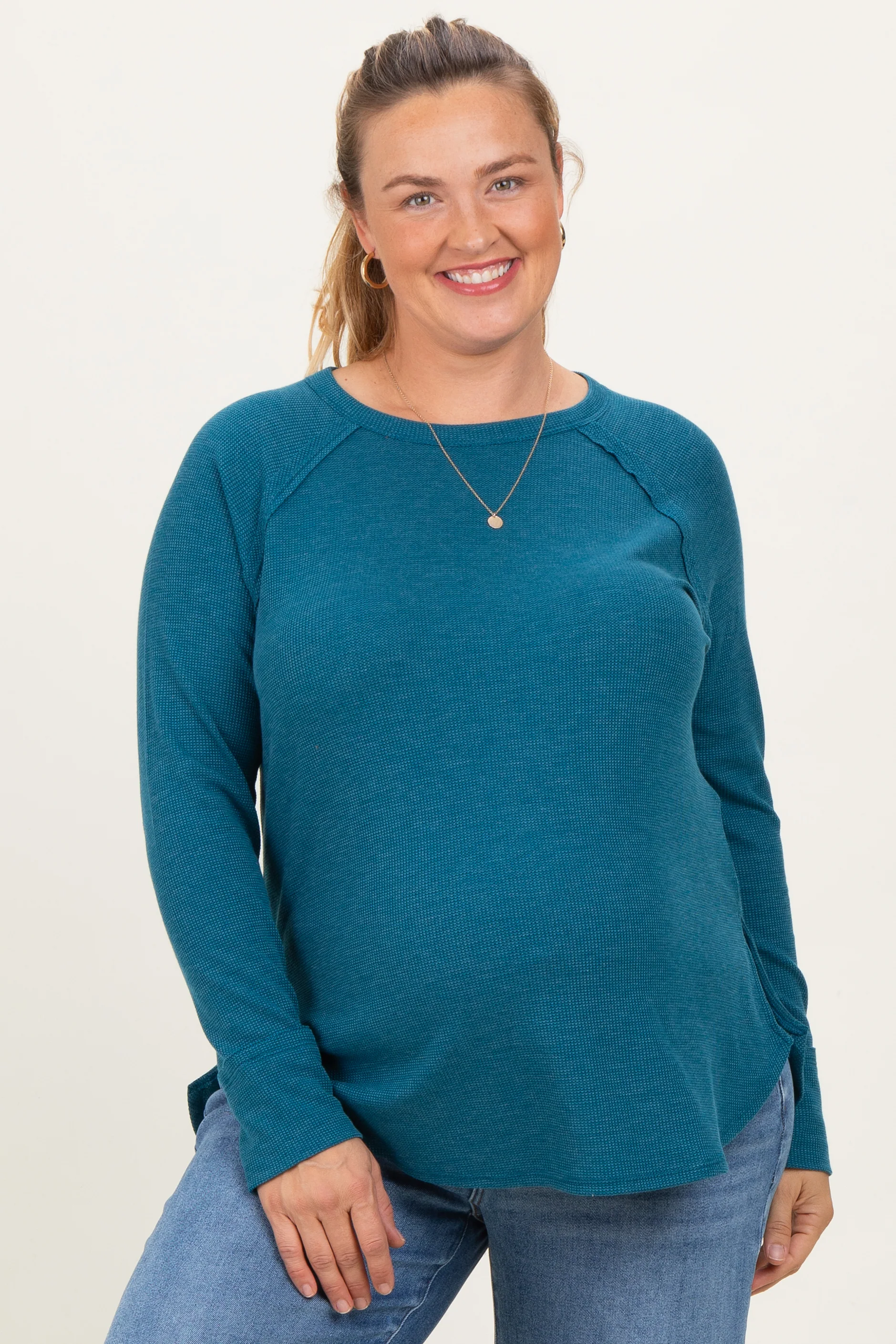 Image of Teal Baby Waffle Knit Long Sleeve Maternity Plus Top