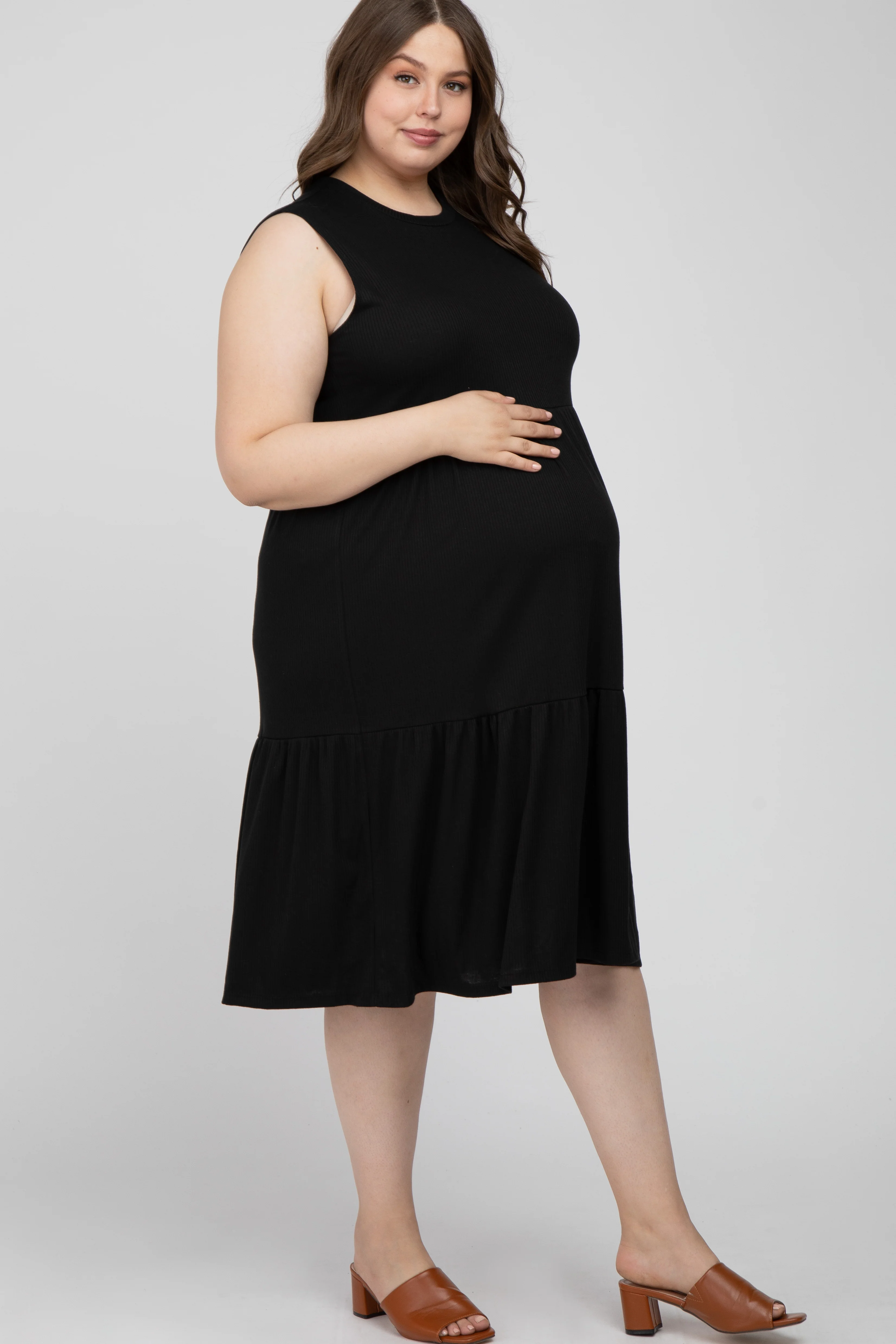 Image of Black Ribbed Sleeveless Plus Maternity Midi Dress