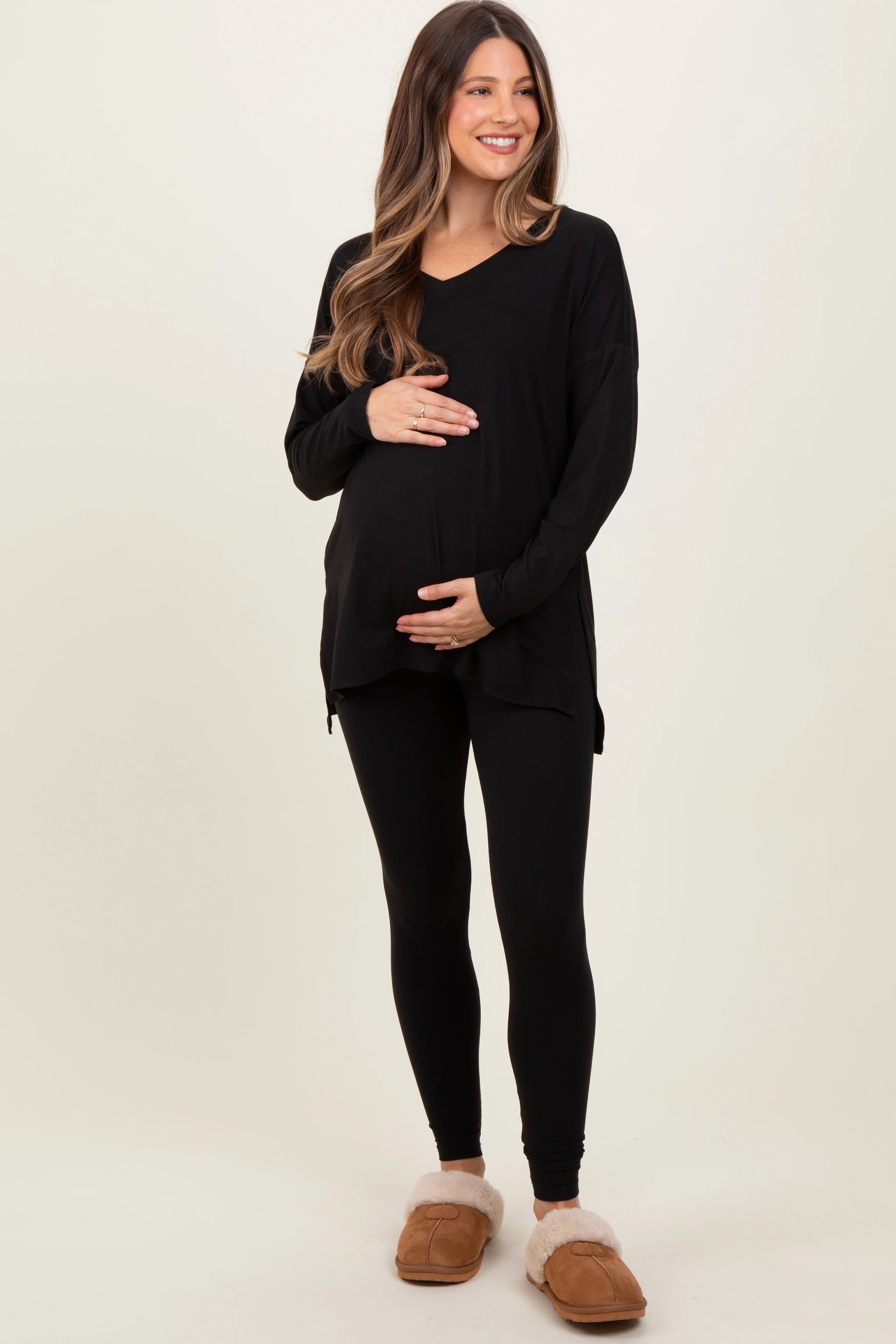 Image of Black Brushed Knit Maternity Oversized Top and Legging Set
