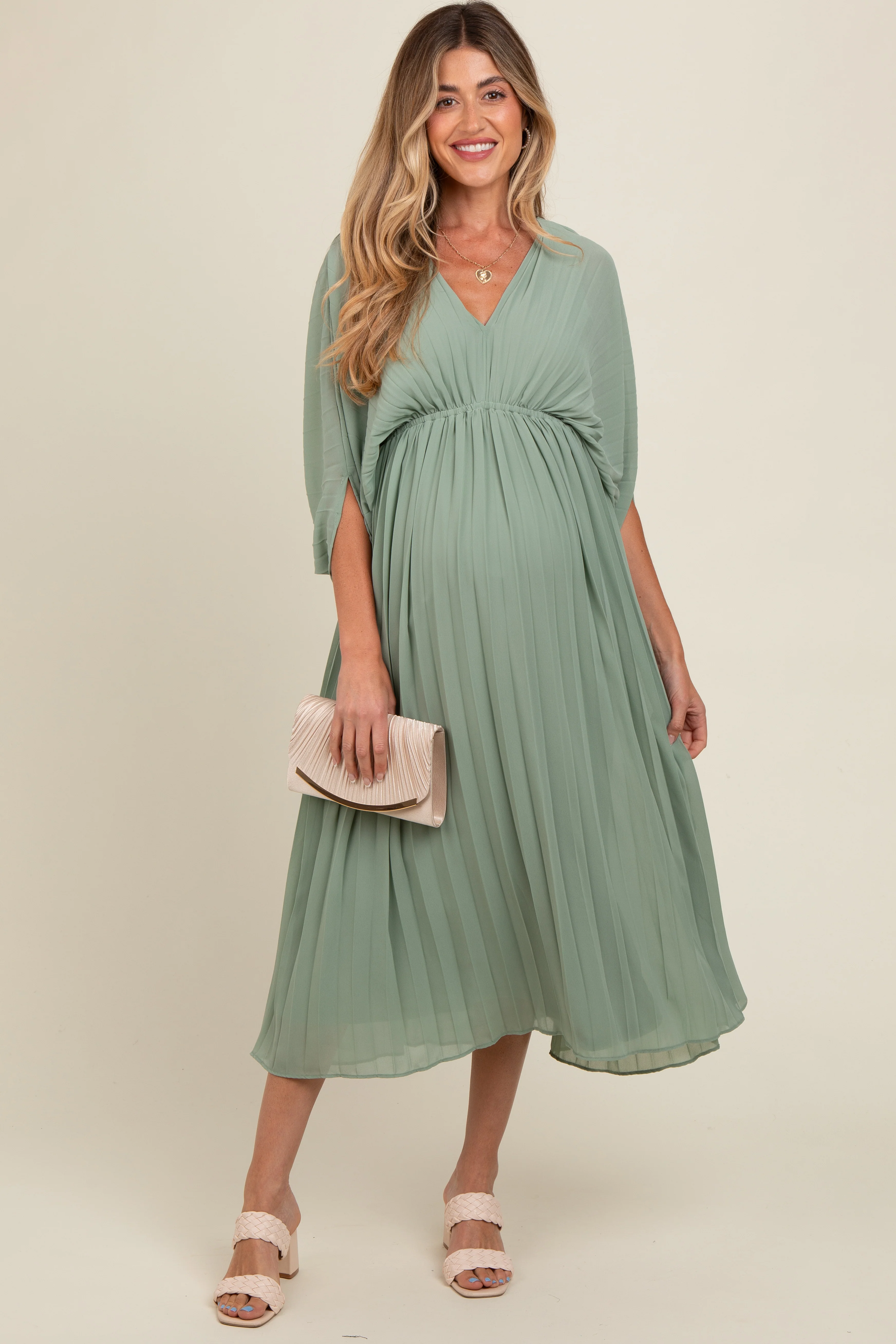 Image of Light Olive Pleated V Neck Maternity Maxi Dress