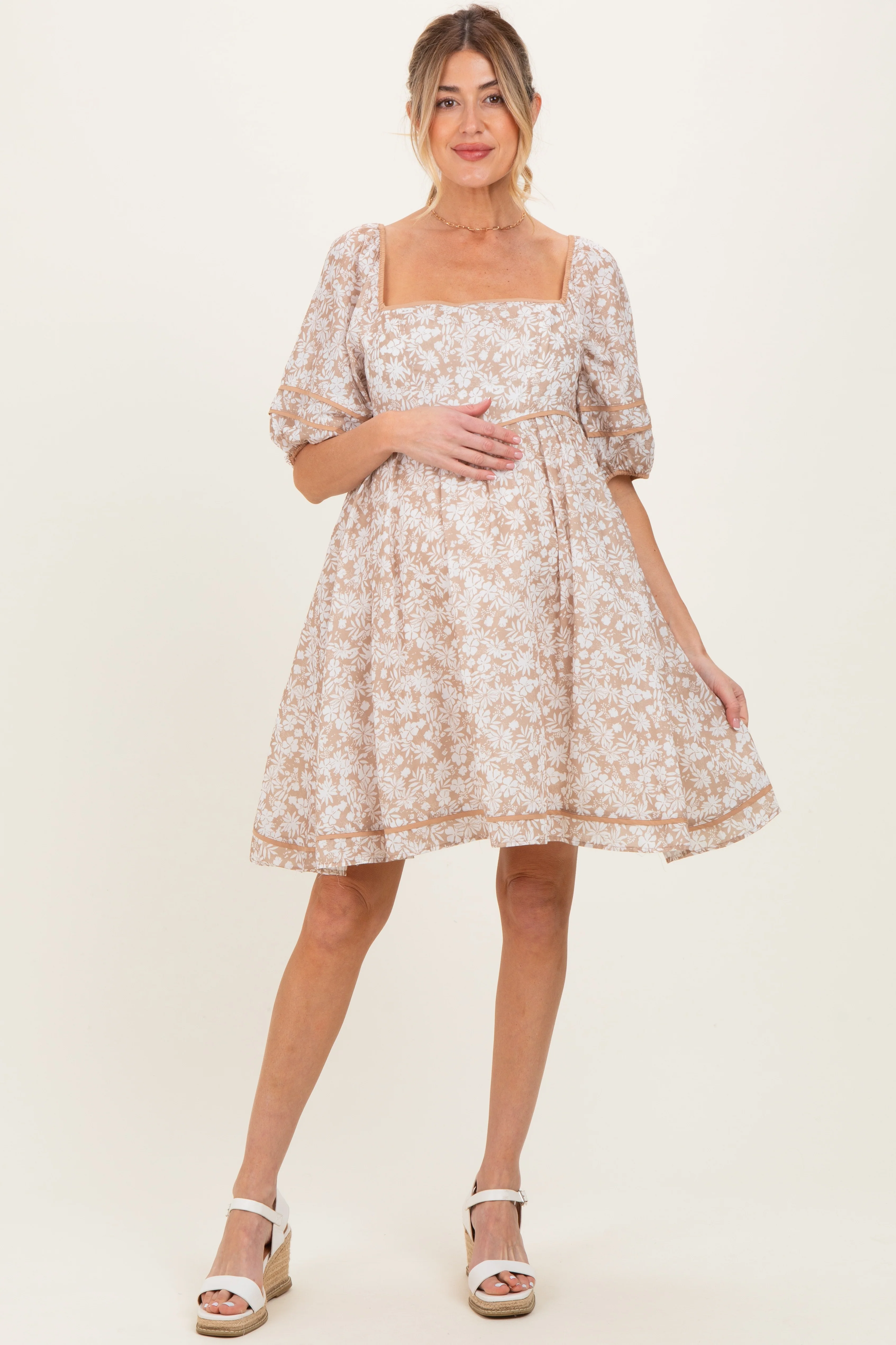 Image of Taupe Contrast Binded Floral Maternity Mini Dress