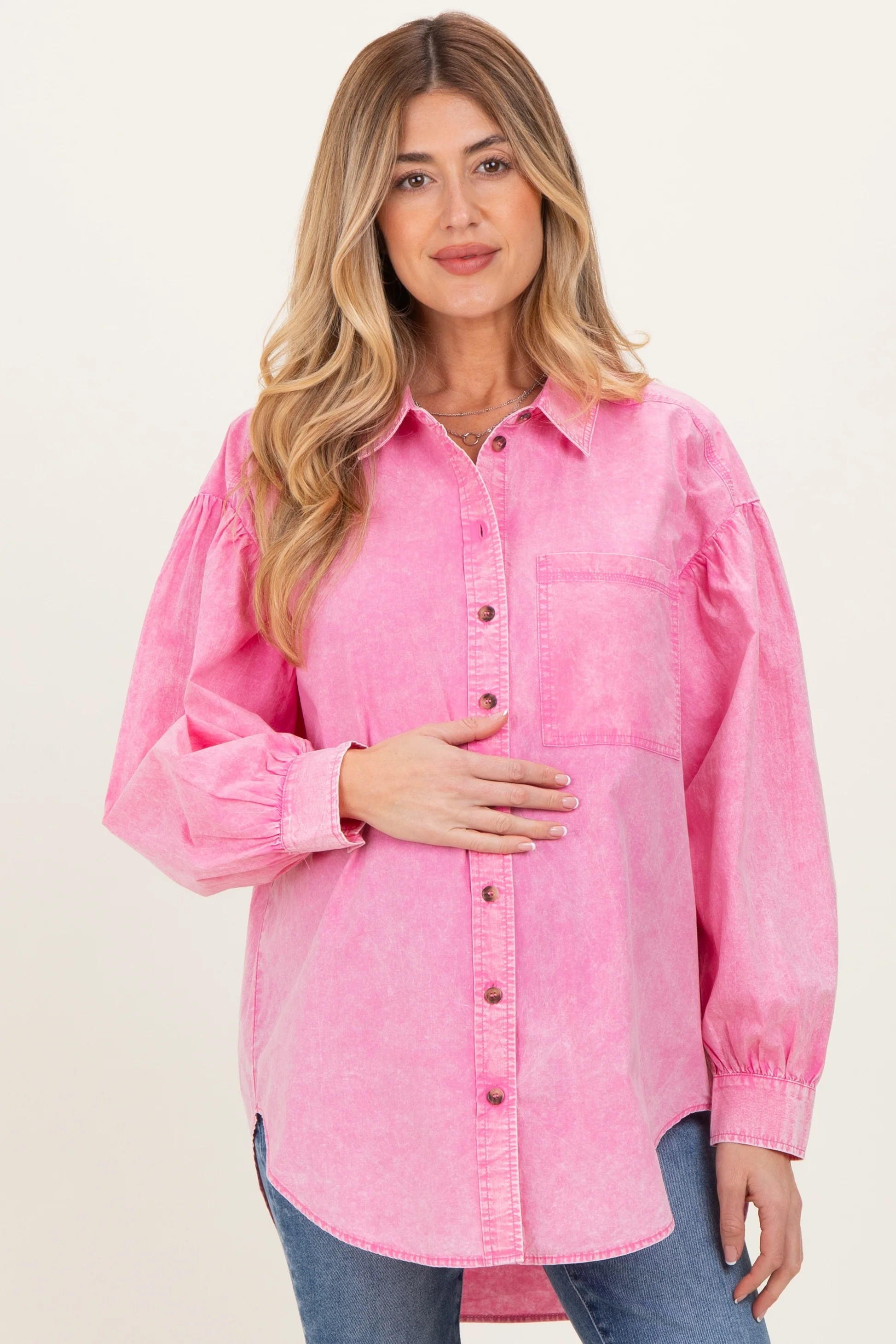 Image of Pink Button Down Lightweight Casual Maternity Shirt