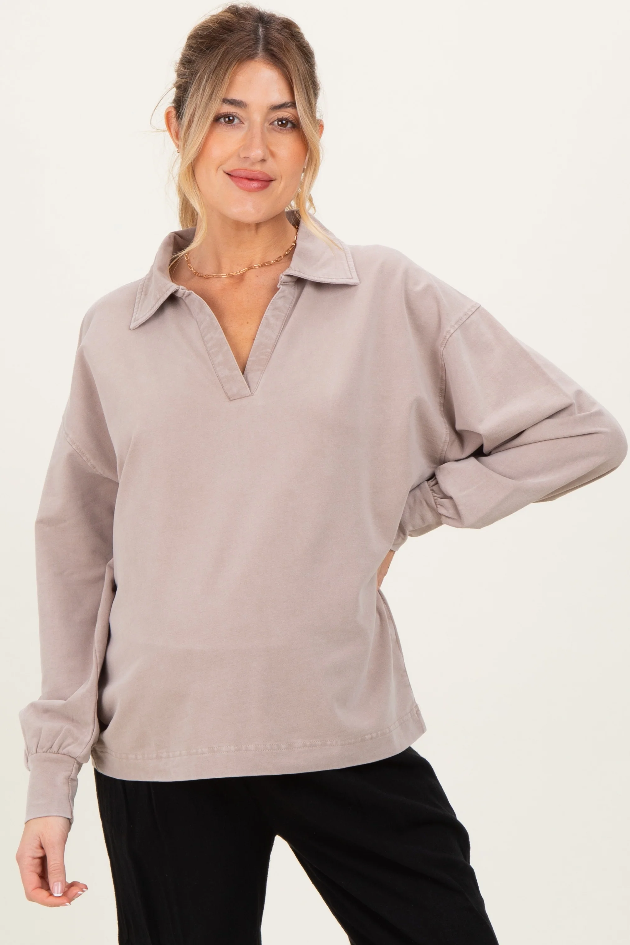 Image of Taupe Sunfade Cotton Collared Long Sleeve Maternity Top