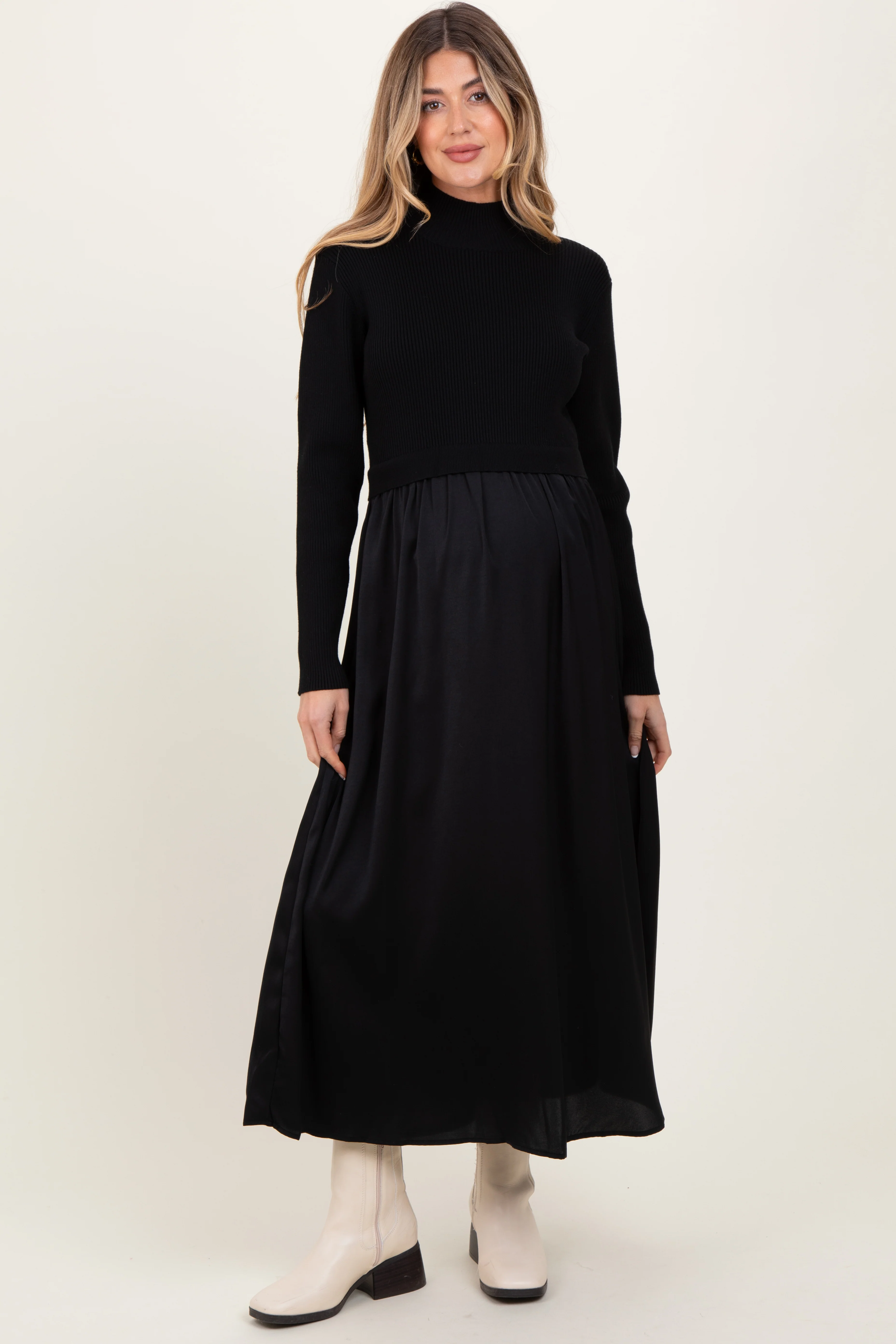 Image of Black Knit Contrast Top Satin Maternity Midi Dress