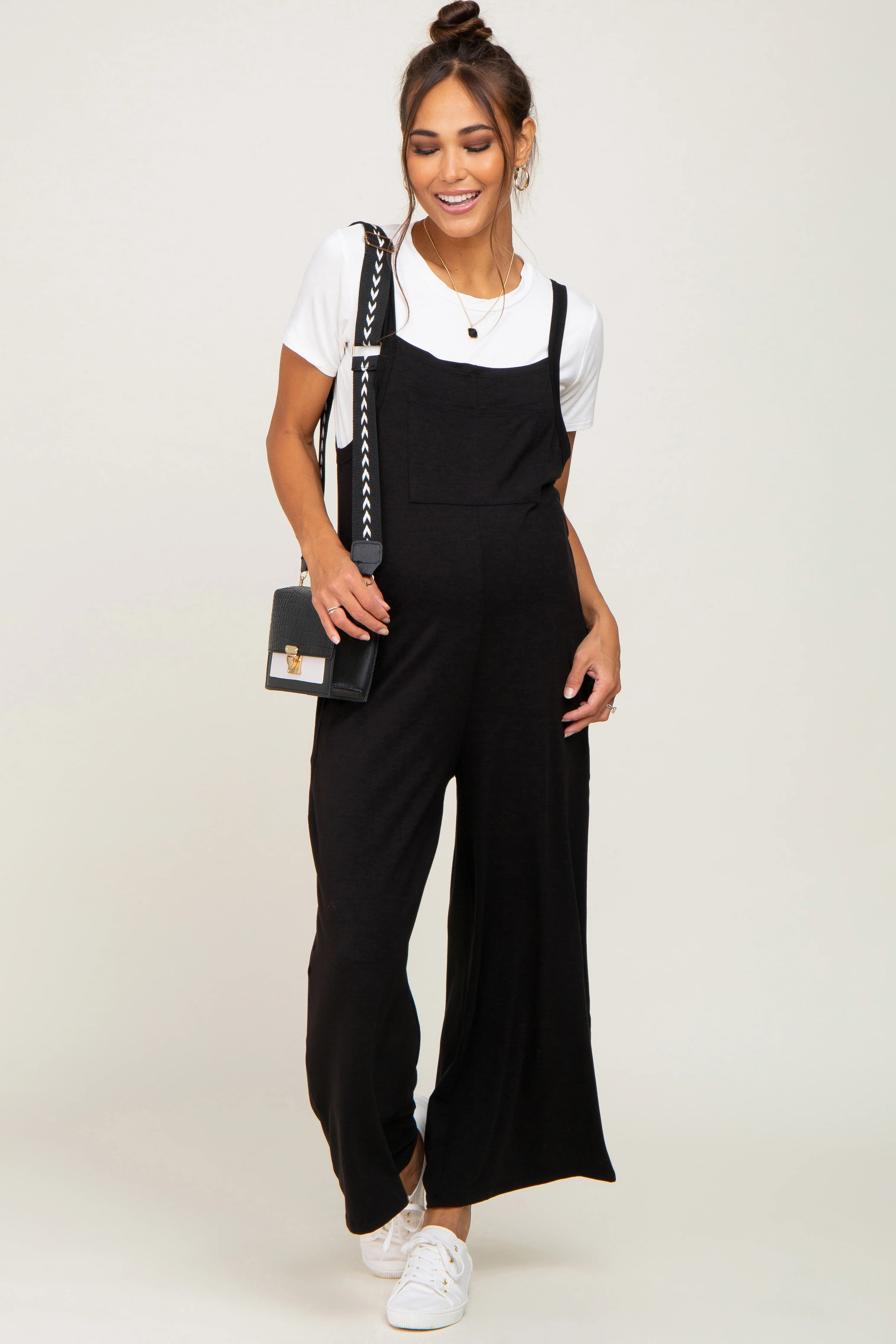 Image of Black Sleeveless Pocketed Wide Leg Maternity Jumpsuit