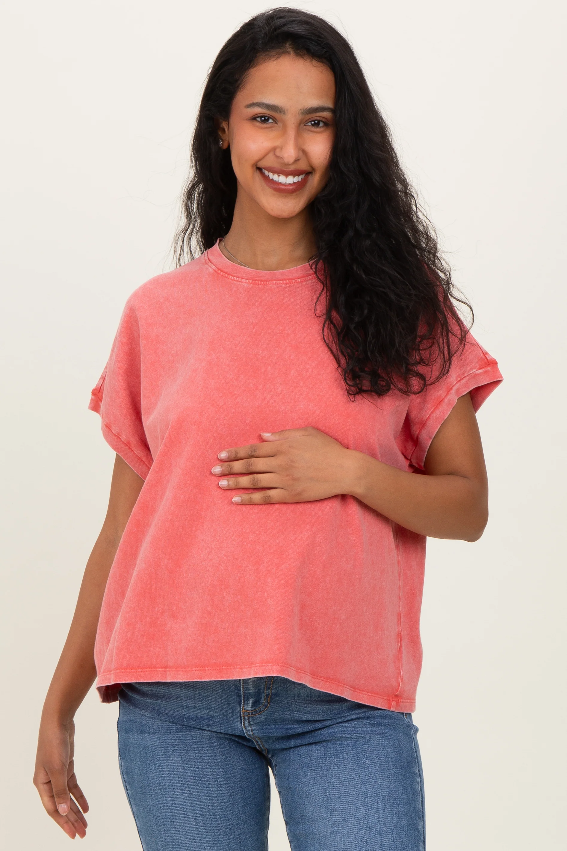 Image of Fuchsia Mineral Wash Boxy Fit Maternity T-Shirt