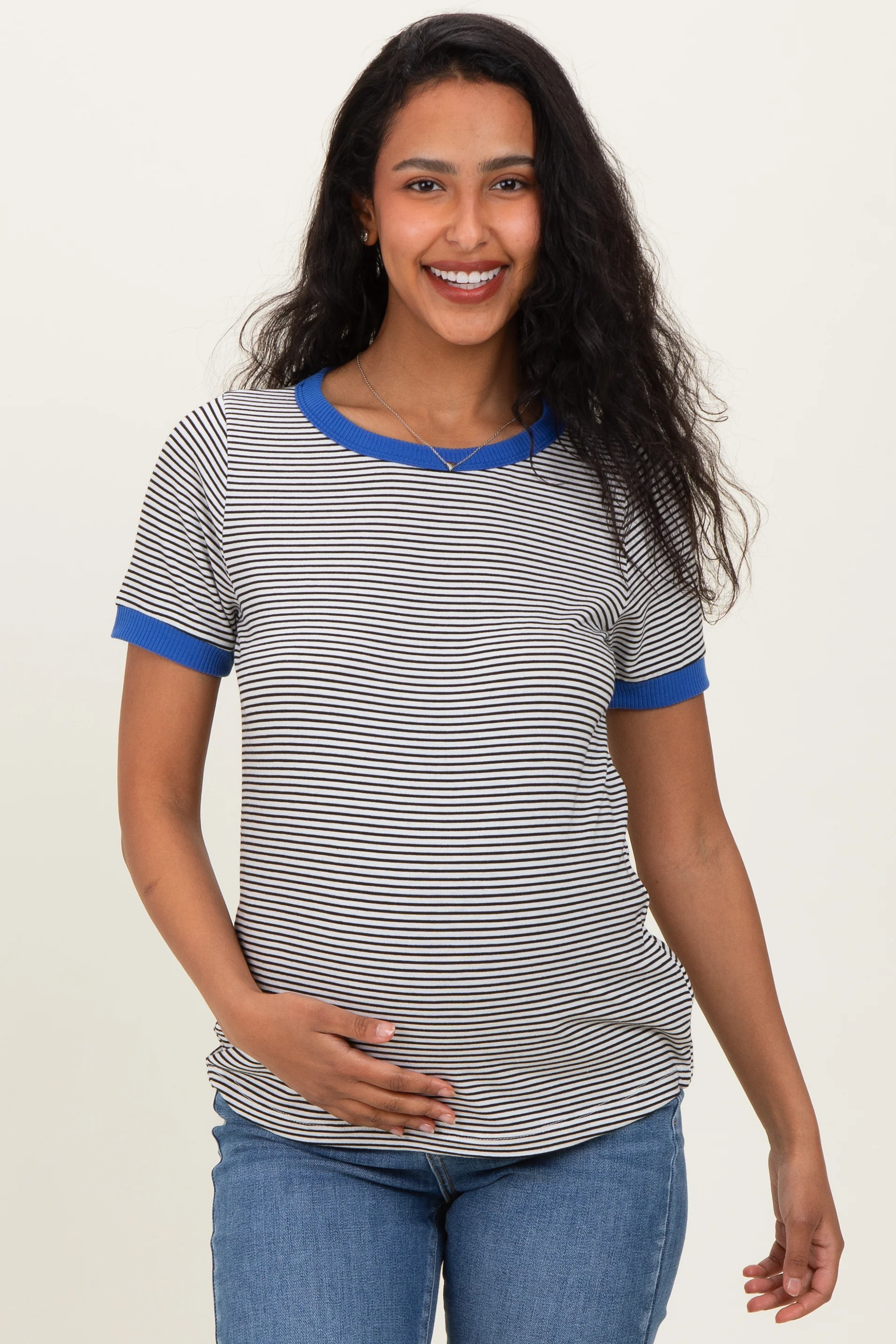 Image of Ivory Blue Trimmed Striped Maternity Top