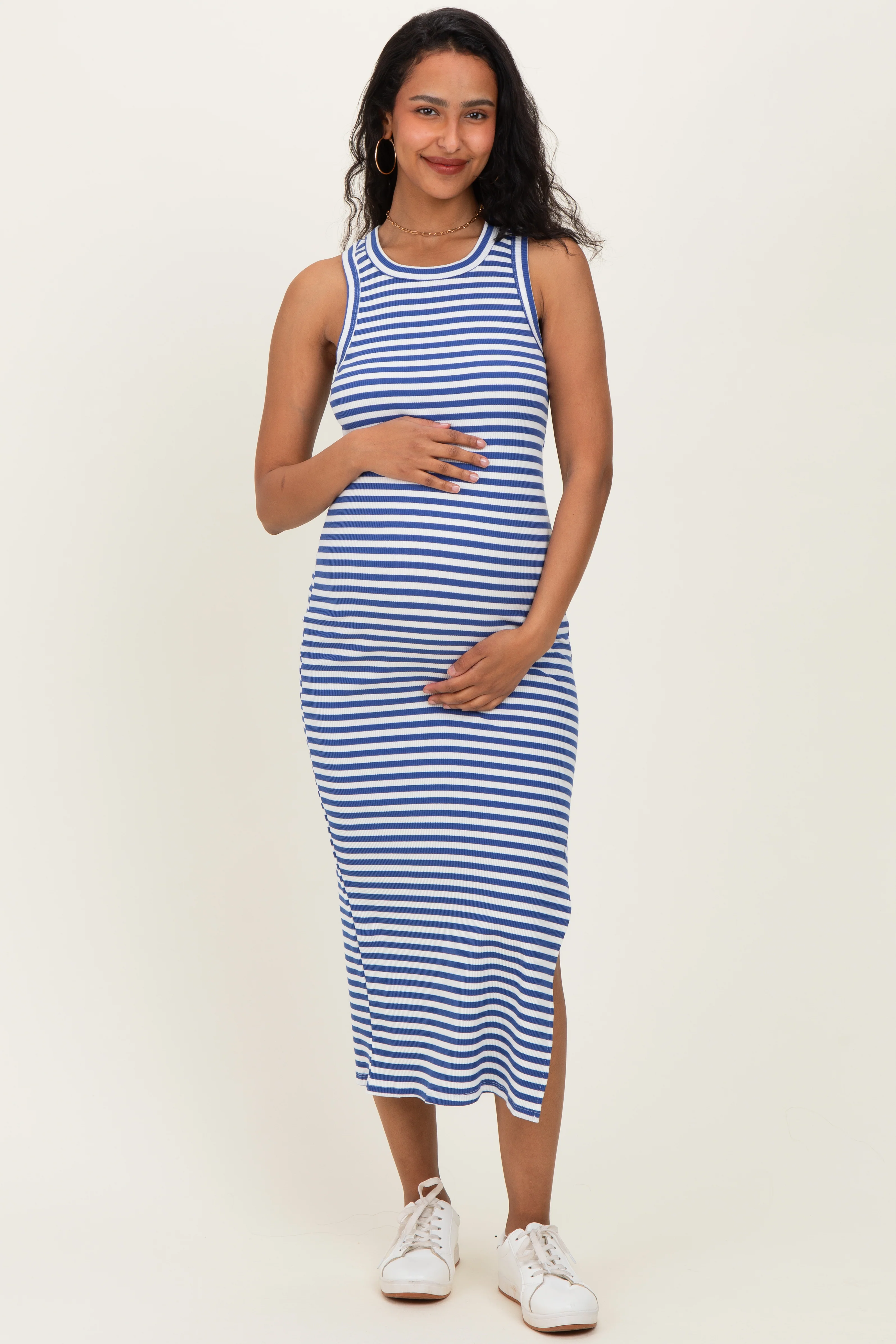 Image of Blue Striped Side Slit Maternity Tank Dress