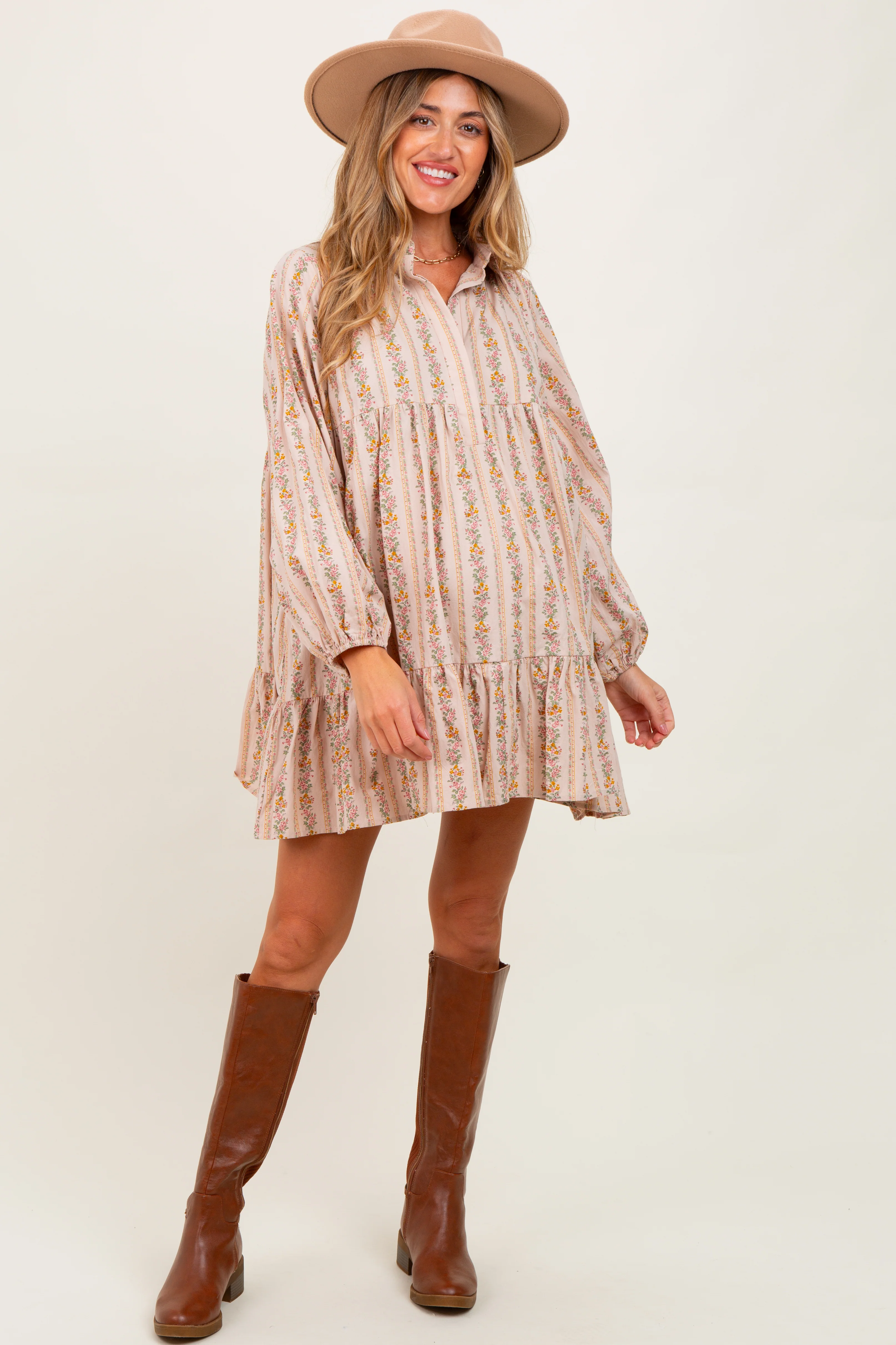 Image of Tan Floral Print Shirring Half Buttoned Maternity Shirt Dress